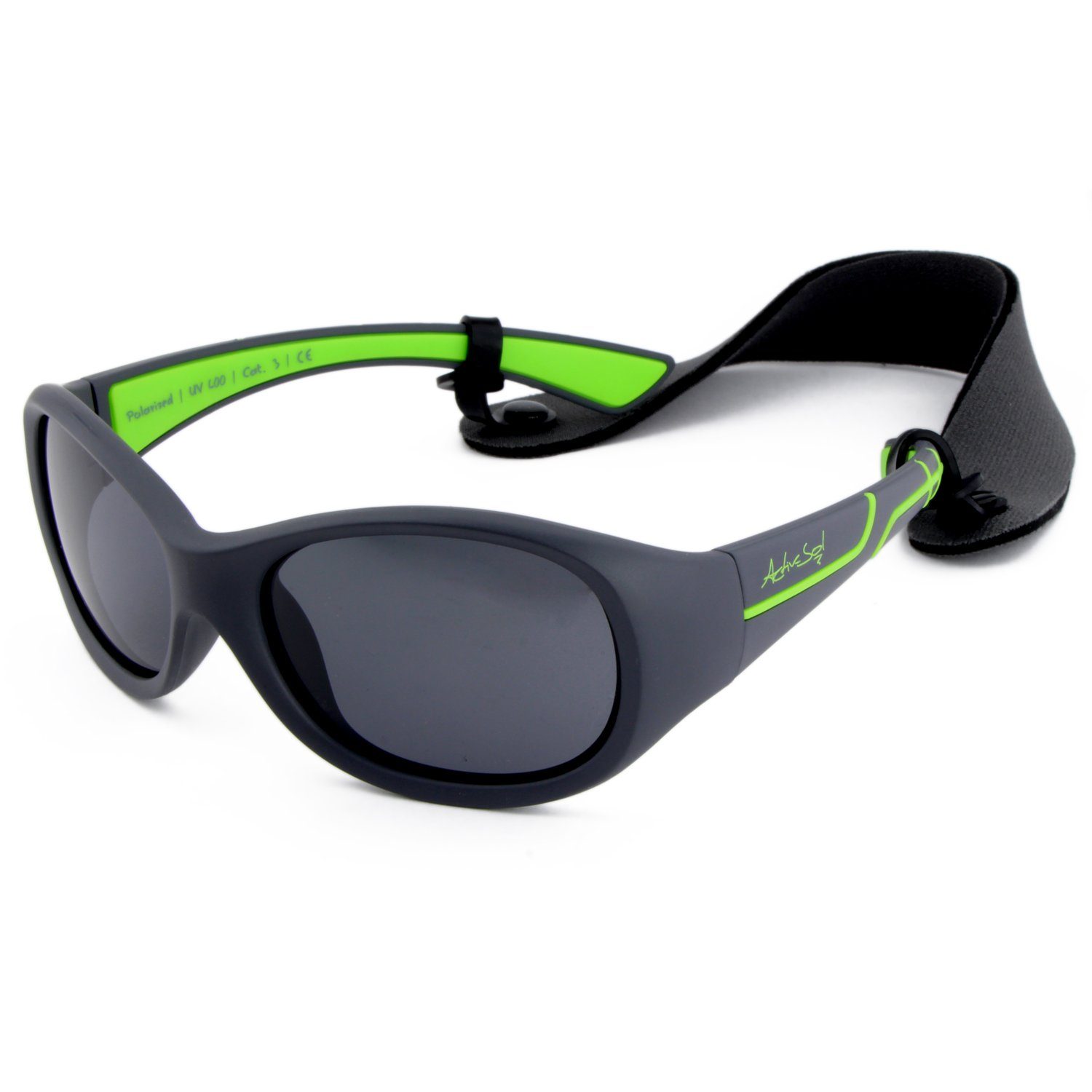 ActiveSol SUNGLASSES Sonnenbrille für Kinder, 5-10 Jahre, BPA-frei Anthrazit - Grün