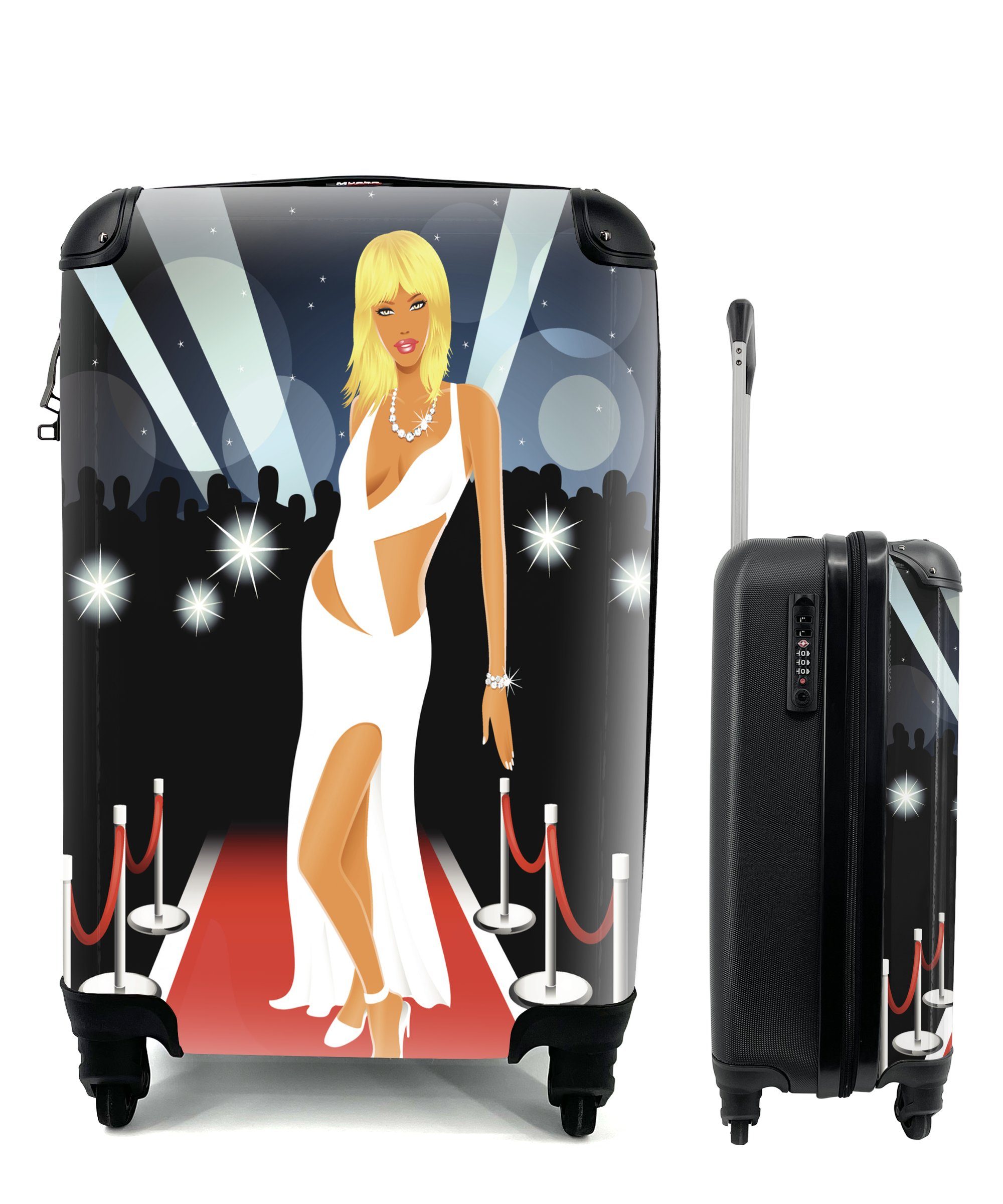 MuchoWow Handgepäckkoffer Eine Illustration einer Frau auf dem roten Teppich in Hollywood, 4 Rollen, Reisetasche mit rollen, Handgepäck für Ferien, Trolley, Reisekoffer