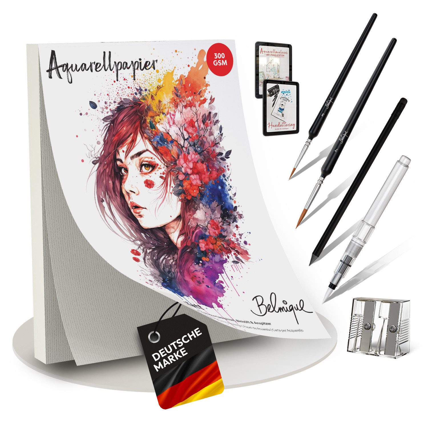 Belmique Aquarellpapier Aquarell Block mit rauer & glatter Oberfläche 300 g/m², inkl. Zubehör und Videokurs