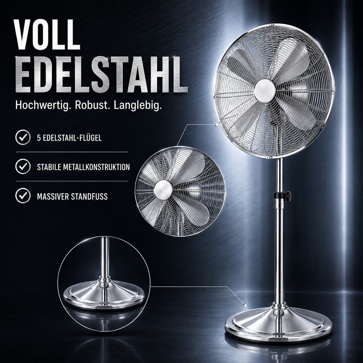 Ertex Standventilator EDELSTAHL Stand Ventilator 50W Metro 120cm Höhe Turmventilator Kühler