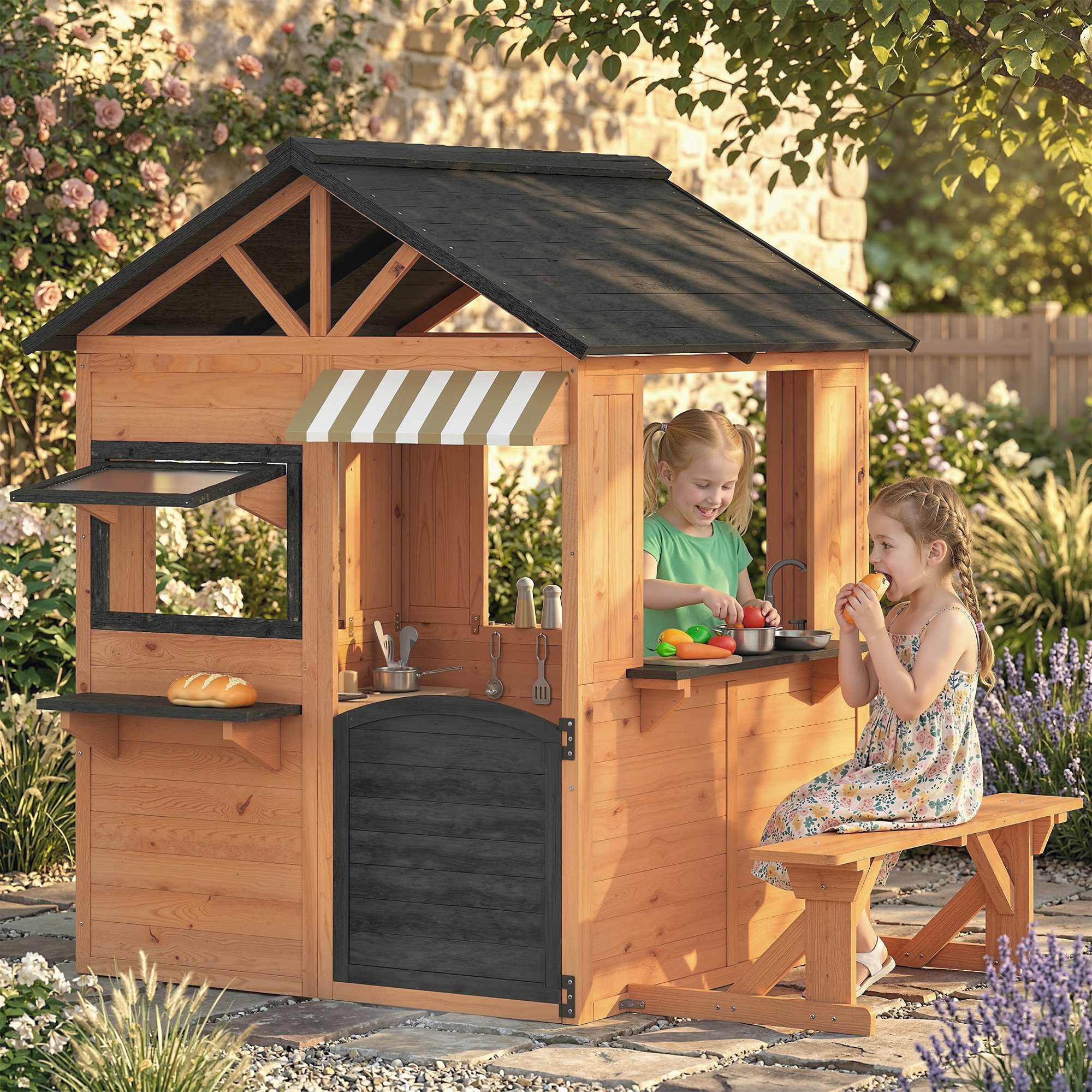 AIYAPLAY Spielhaus Holz Kinderspielhaus mit Spielküche Bank Verkaufstheke Fenster Tür, für Kinder von 3-8 Jahren 171,5 x 146 x 156 cm Braun