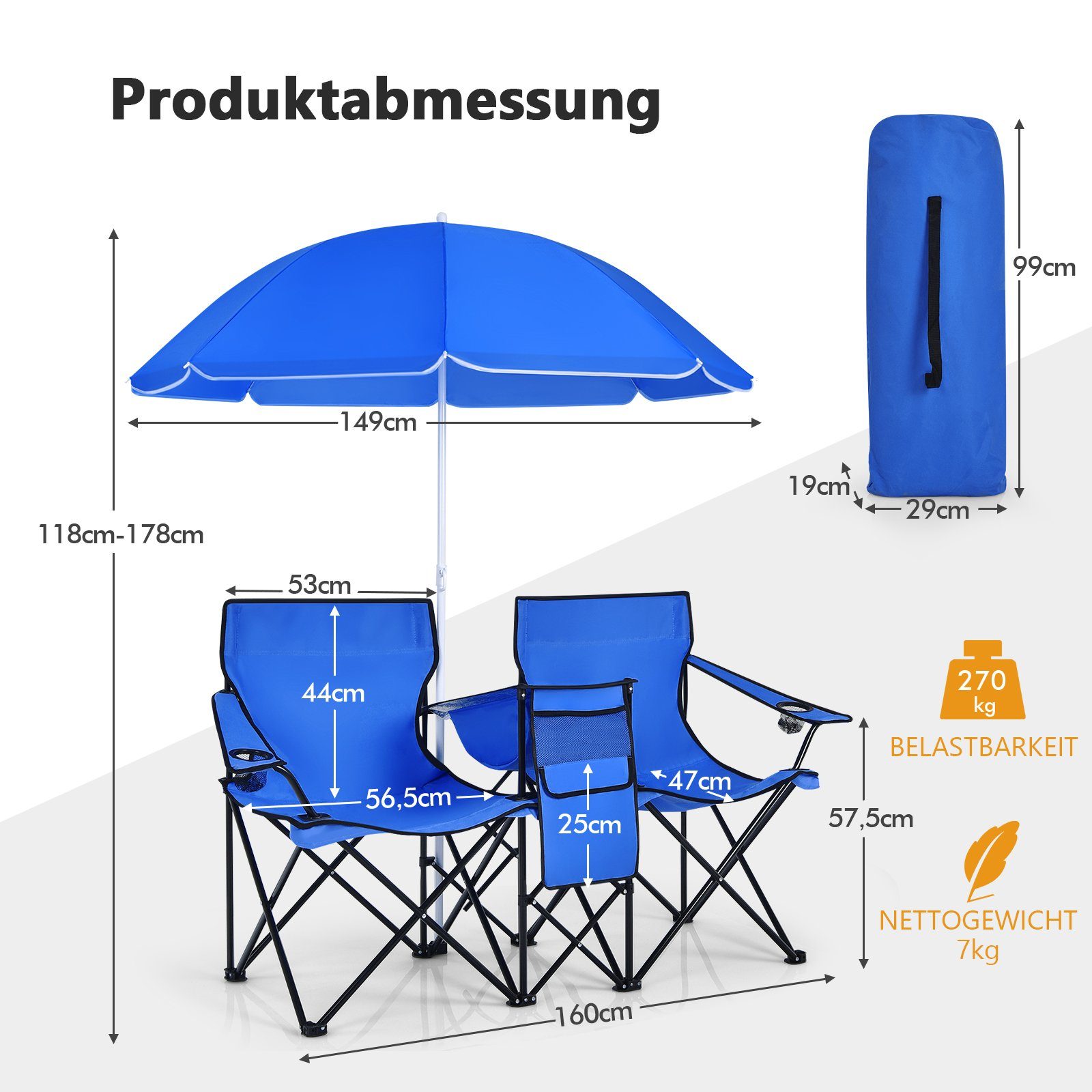 COSTWAY Campingstuhl, Blau Getränkehalter & faltbar Sonnenschirm, mit Kühltasche