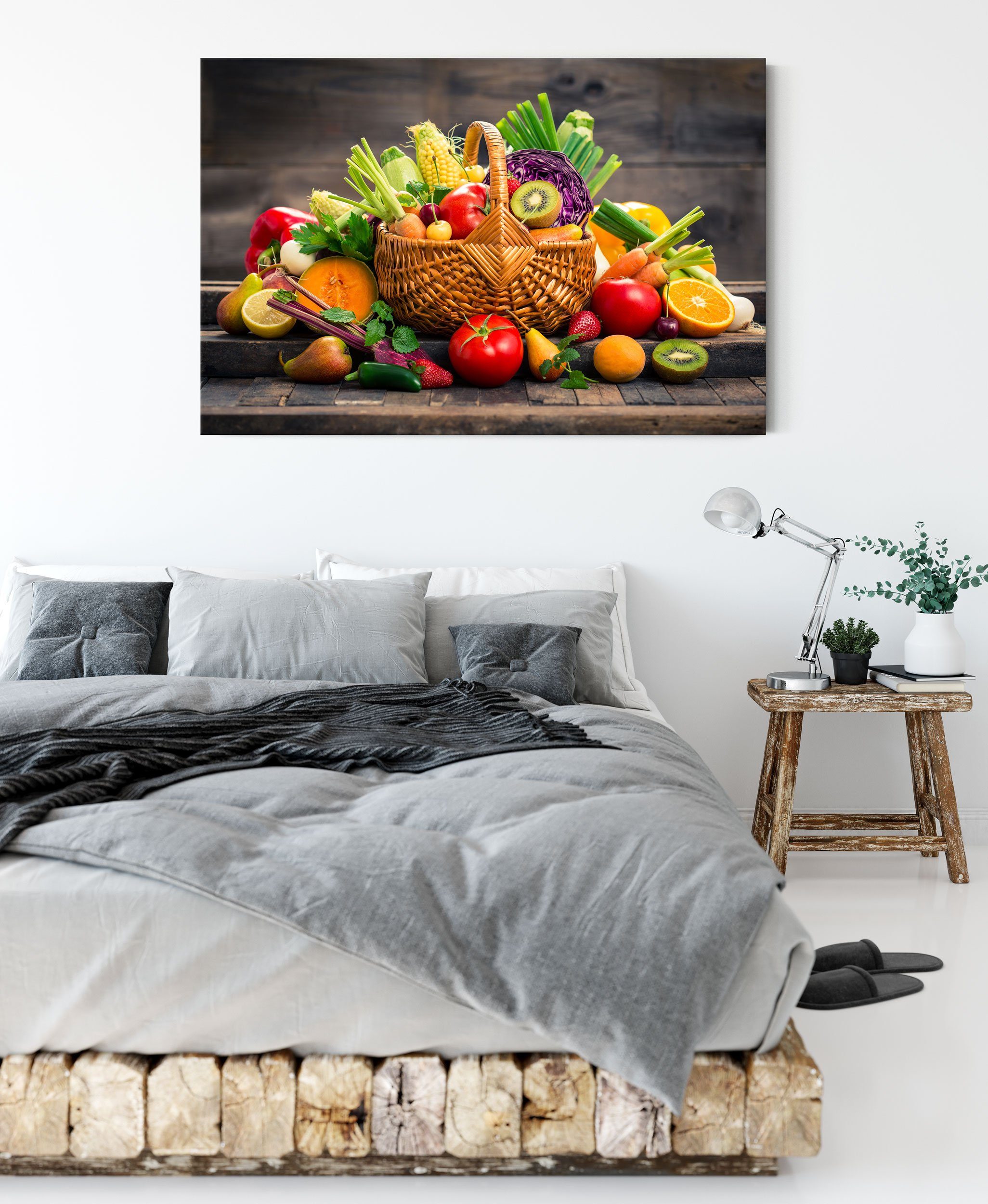Pixxprint Leinwandbild Frisches Obst (1 bespannt, Obst Gemüse im fertig Korb St), Zackenaufhänger Leinwandbild Gemüse Frisches im Korb, und und inkl