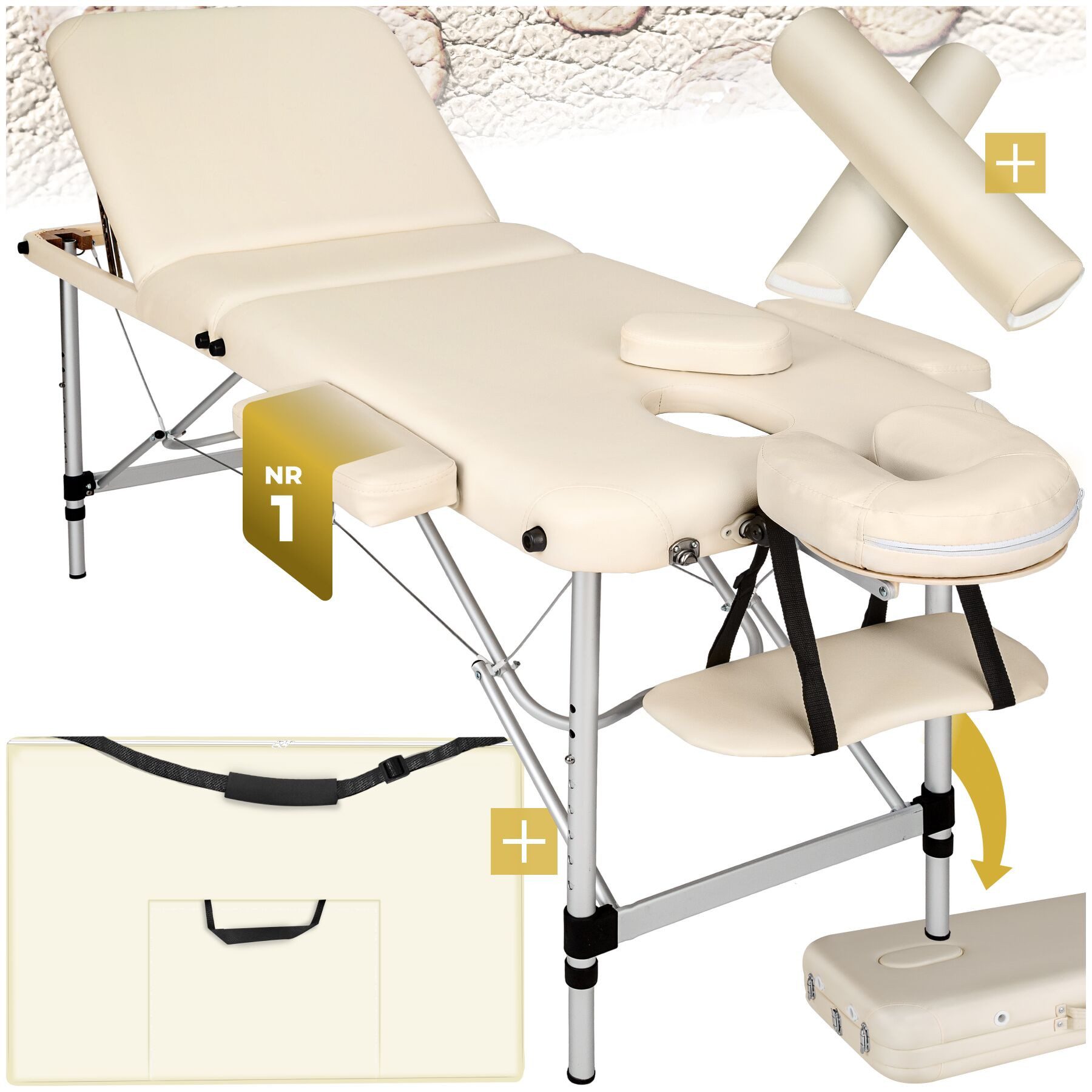 tectake Massageliege 3-Zonen-Massagetisch-Set, Maße: 210 x 95 x 89 cm, Polsterung 5 cm (Kosmetikliege, 1-St., in beige), Breite 60 cm, Lagerungsrollen & Tragetasche, klapp- & höhenverstellbar