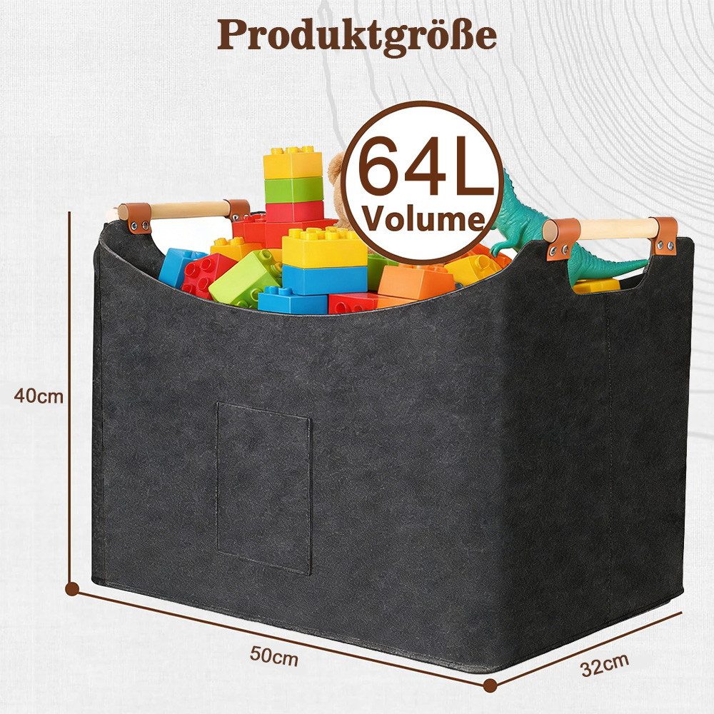 PFCTART Kaminholzkorb Filztasche groß & Holzkorb für Kaminholz – Mit Holzgriffen, faltbar (Set, 1 St., 67L oder 96L erhältlich – Ideal für Kaminholz & Haushalt, Grau), Holzkorb Aufbewahrung für Brennholz – 30 kg belastbar