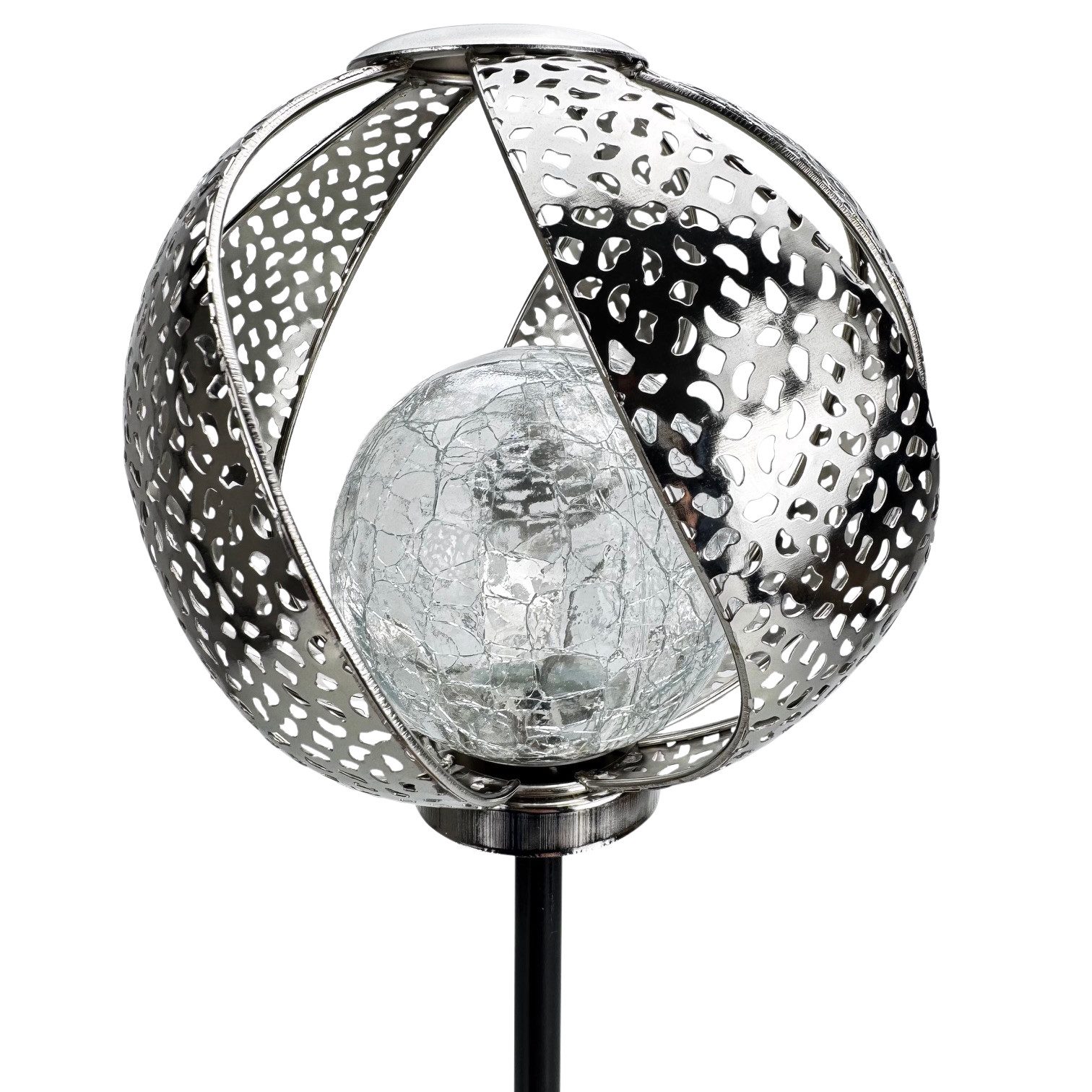 Online-Fuchs Gartenstecker aus Metall mit Glaskugel in Bruchglasoptik und LED-Solarbeleuchtung (Silber oder Gold, warmweiße Beleuchtung oder seichter Farbwechse – Bild 2 von 4
