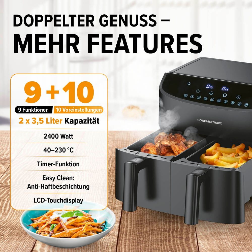 GOURMETmaxx Heißluftfritteuse Doppelkammer-Heißluftfritteuse 2x 3,5L,  Airfryer, 2400 W, Pommes & Nuggets fettarm zubereiten 2400 Watt 9 Funktionen bis 230°