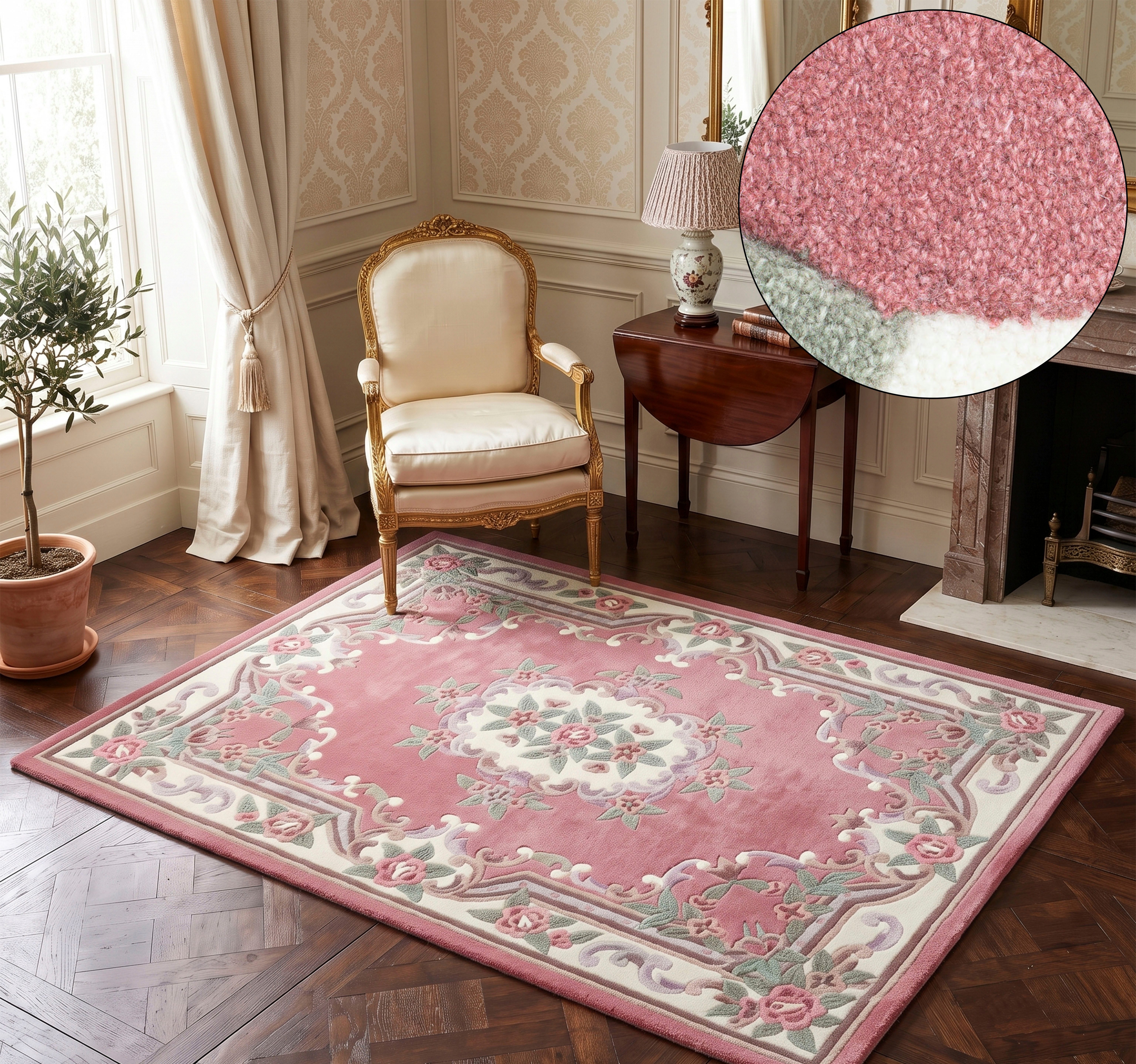 THEKO Teppich Ming, rechteckig, Höhe: 14 mm, handgefertigt, Pastell-Farben, florales Design, Wohnzimmer