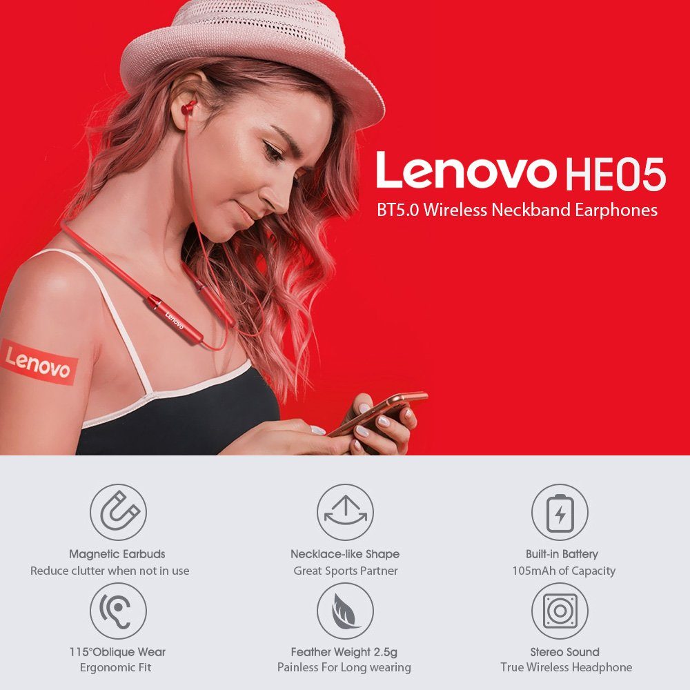 Weiß) 5.0, Mikrofon Bluetooth-Kopfhörer 6 (Bluetooth Stereo-Ohrhörer, zu mit Akkulaufzeit bis HE05 - Touch-Steuerung Stunden, mit Lenovo
