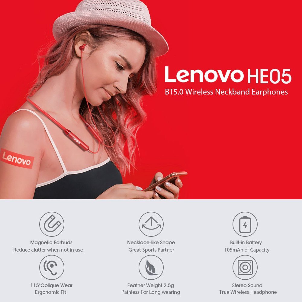 Lenovo HE05 mit Touch-Steuerung Bluetooth-Kopfhörer zu Rot) - Akkulaufzeit bis Mikrofon Stereo-Ohrhörer, Stunden, 5.0, 6 mit (Bluetooth