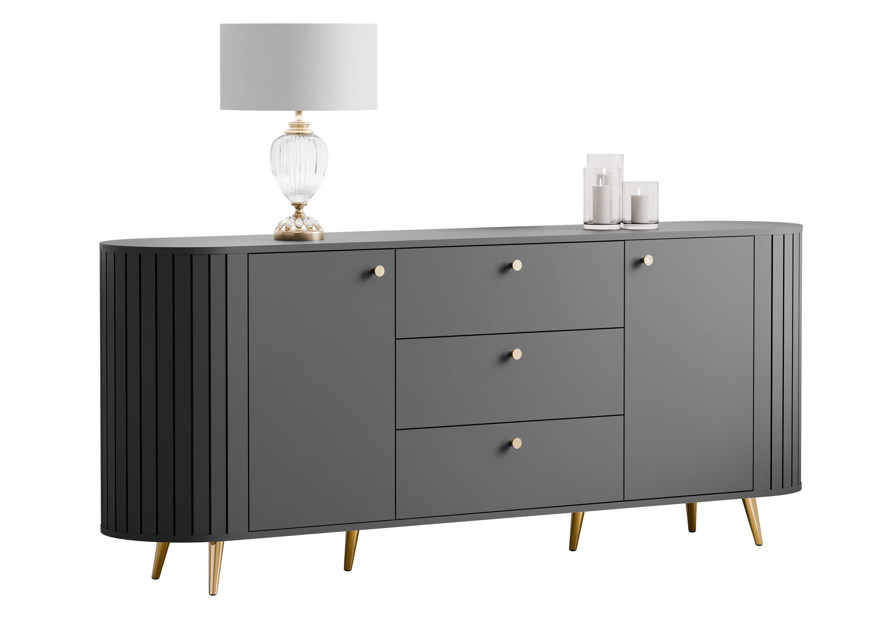 yourhouse24 Sideboard LINNEA 190cm 2D3S Runde Ecken Lamellen Kaschmir/Schwarz
