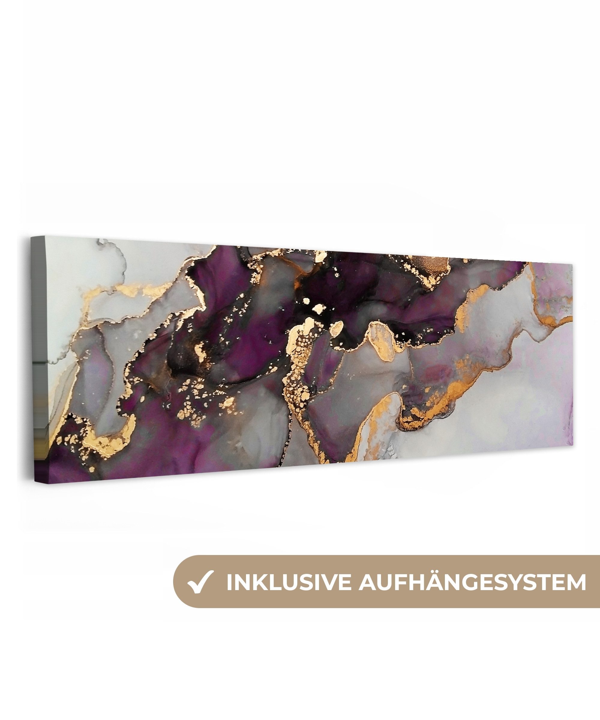 OneMillionCanvasses® Leinwandbild Panorama Marmor - Abstrakt - Gold - Lila, Fotodruck (1 St), Wandbild, Deko Schlafzimmer Wohnzimmer Flur 60x20 cm