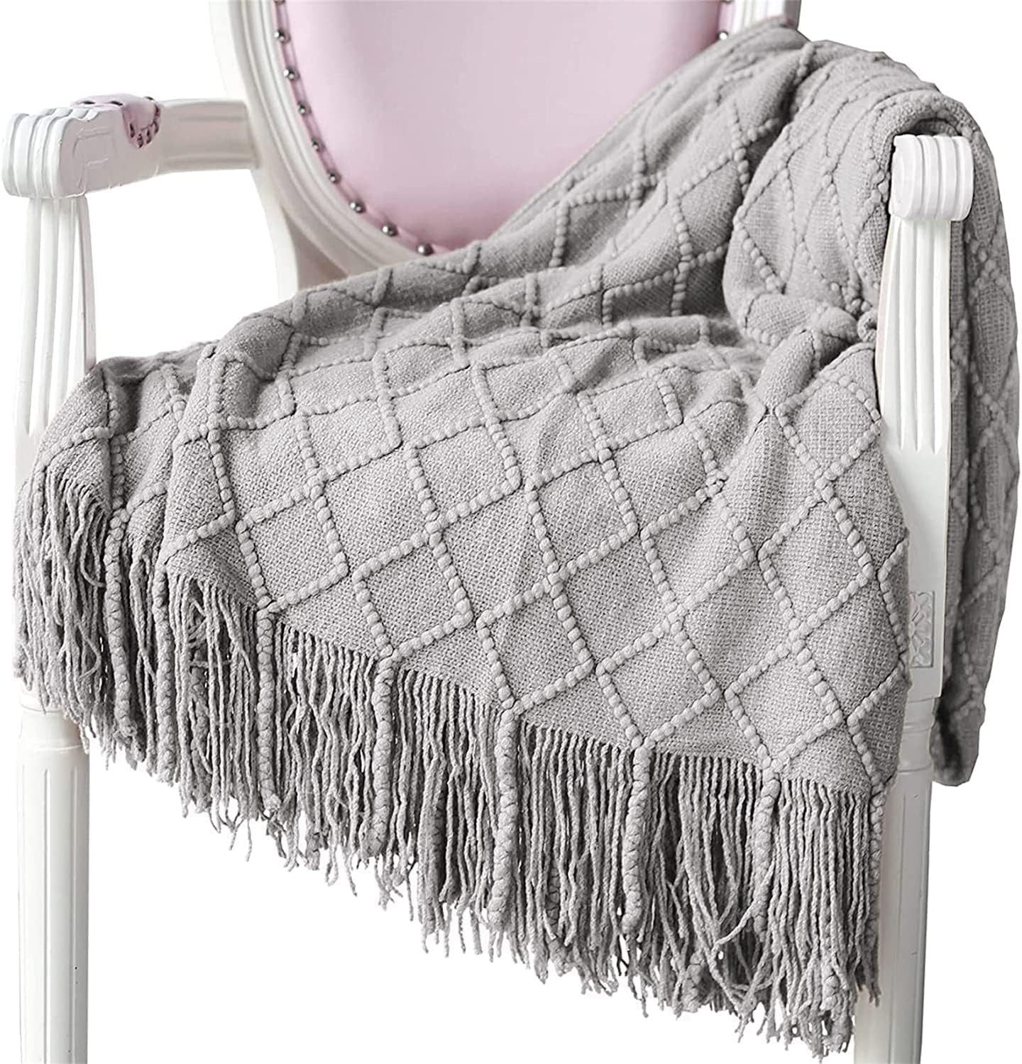 HEYHIPPO Deckel Gestrickte Decke, geeignet für Sofas und Betten, (weiche und bequeme Strickdecke,50*68in (127*172cm), mit Quasten, hellgrau, warme gewebte Decke für Männer und Frauen