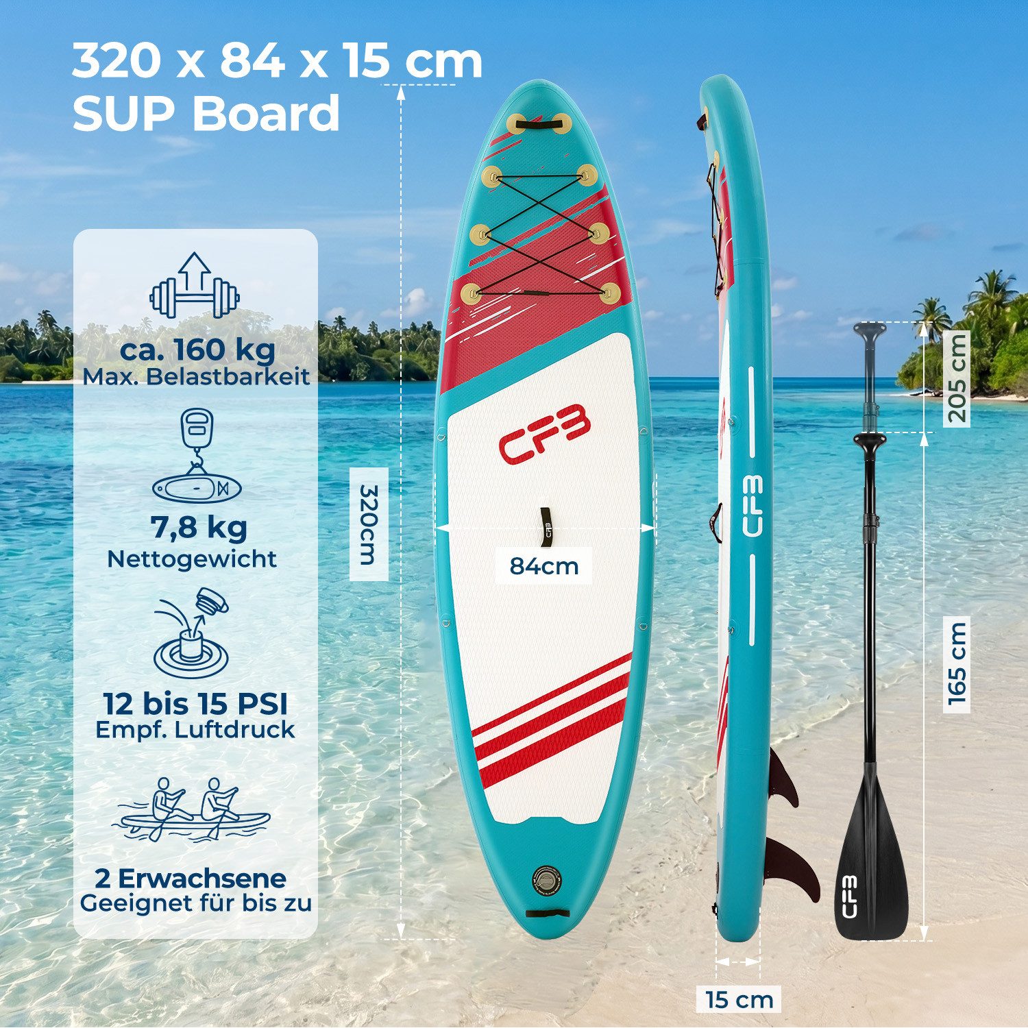 CFB SUP-Board Set 320x84x15 cm extra breit, 160 kg Traglast, aufblasbares Stand Up Paddle Board, (Komplett-Set, mit Paddel, Pumpe, Rucksack, 5L Dry Bag und Schultergurt), für Anfänger und Erwachsene