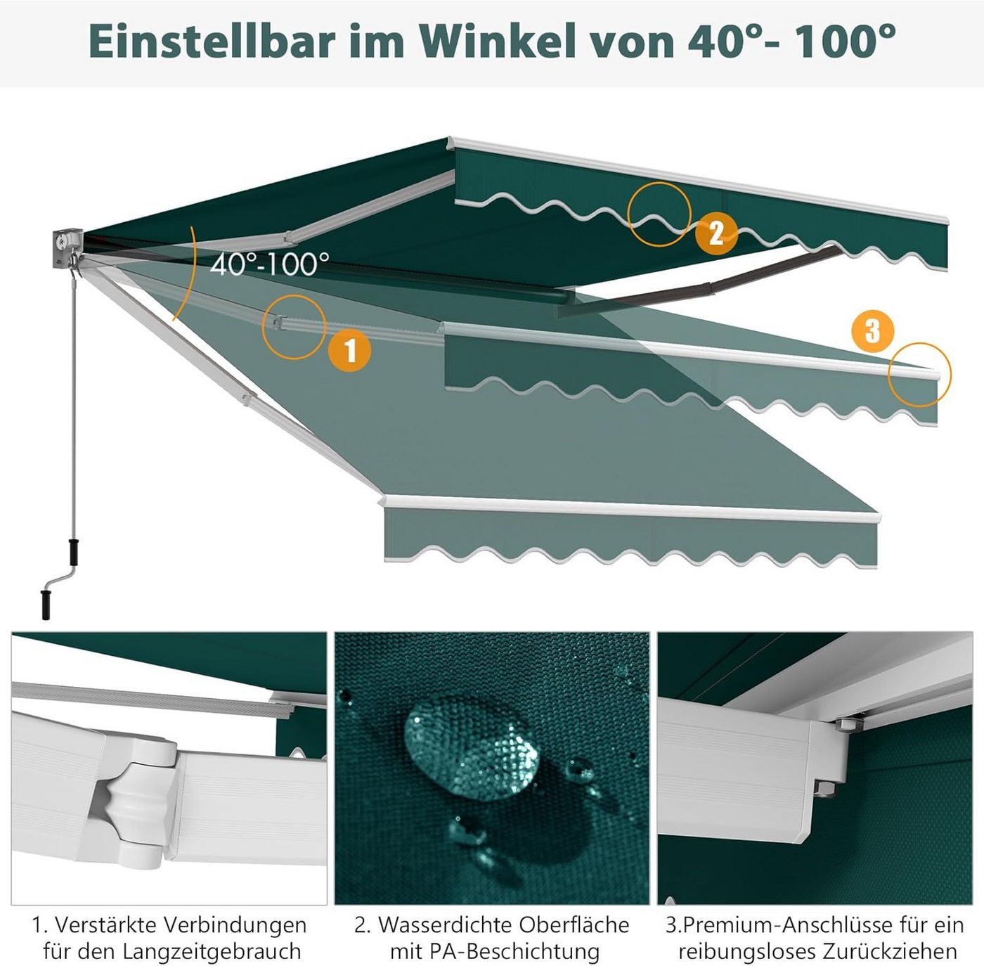 Thumbnail - KOMFOTTEU Gelenkarmmarkise Sonnenmarkise mit Handkurbel, 3 x 2,5 m