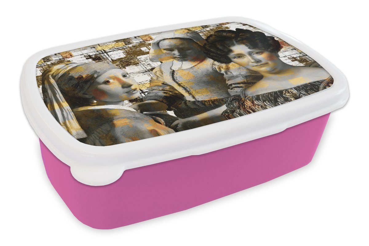 MuchoWow Lunchbox Collage - Mondrian - Gold, Kunststoff, (2-tlg), Brotbox für Erwachsene, Brotdose Kinder, Snackbox, Mädchen, Kunststoff rosa | Lunchboxen