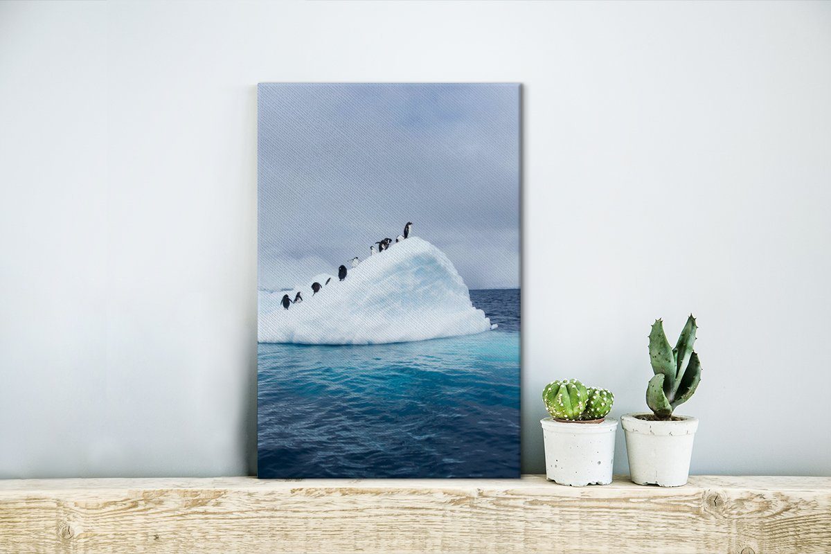 OneMillionCanvasses® Leinwandbild Zackenaufhänger, bespannt (1 Eisberg., Pinguine 20x30 fertig auf cm Leinwandbild inkl. St), Gemälde