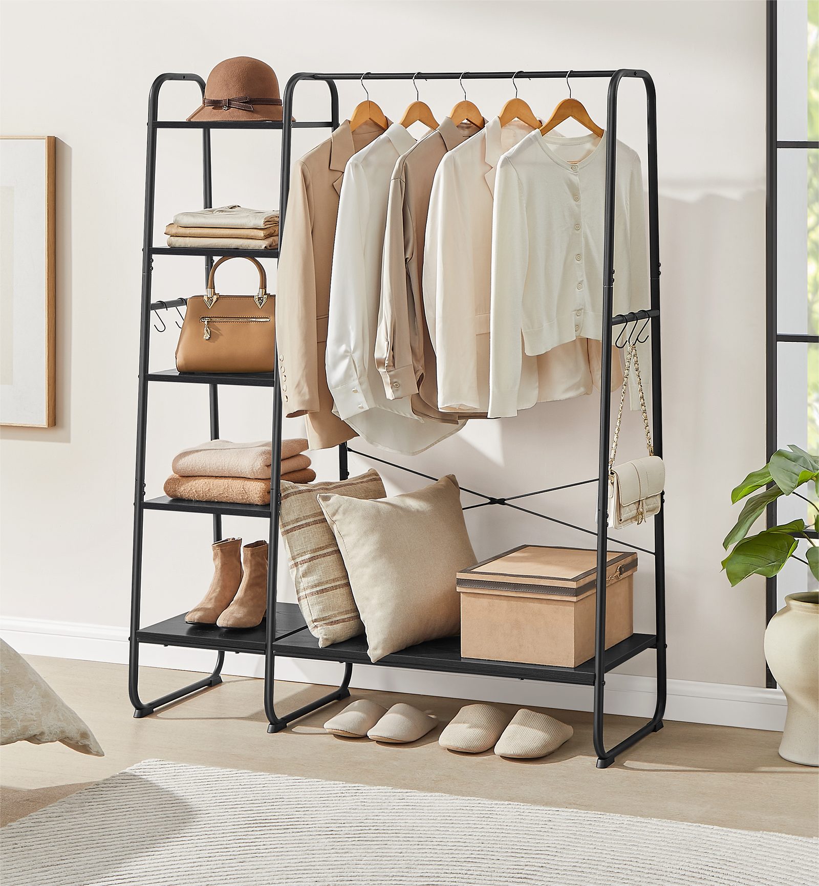 VASAGLE Kleiderständer, mit Kleiderstange, Schuhablage, 6 abnehmbare Haken günstig online kaufen