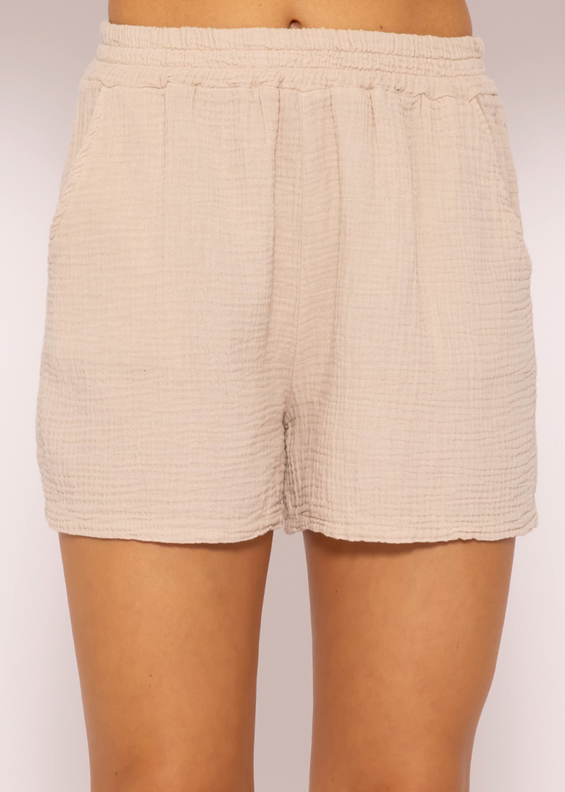 SASSYCLASSY Shorts Musselin Sommer Hose Damen Kurz 100 % Baumwolle (Musselin), atmungsaktiv, sehr leicht, Made in Italy Beige
