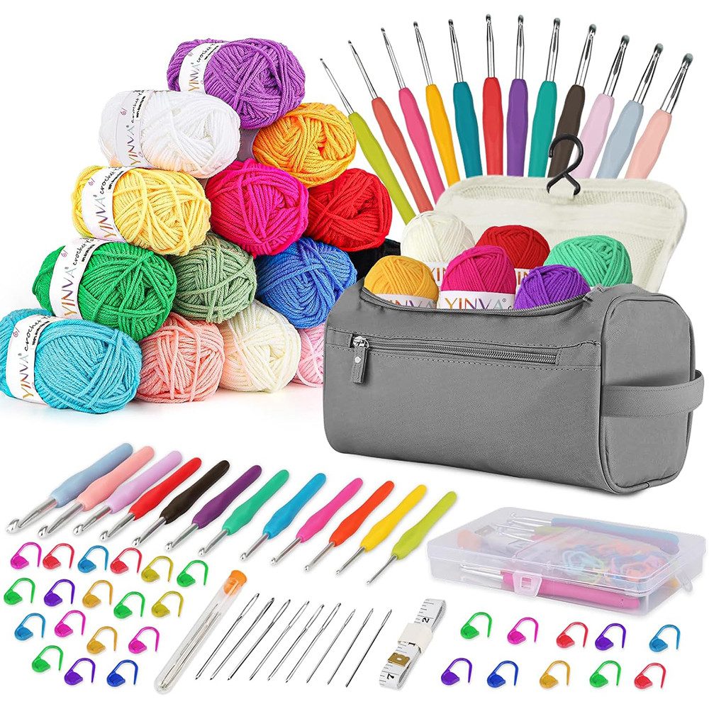AFKSMILE Häkelnadeln Häkelset für Anfänger, Tragbar Häkelgarn Häkelnadel Set mit 15 Wolle, 50 St., Ergonomische Häkelnadeln mit Weicher Griff, Praktische Häkelnadel Set