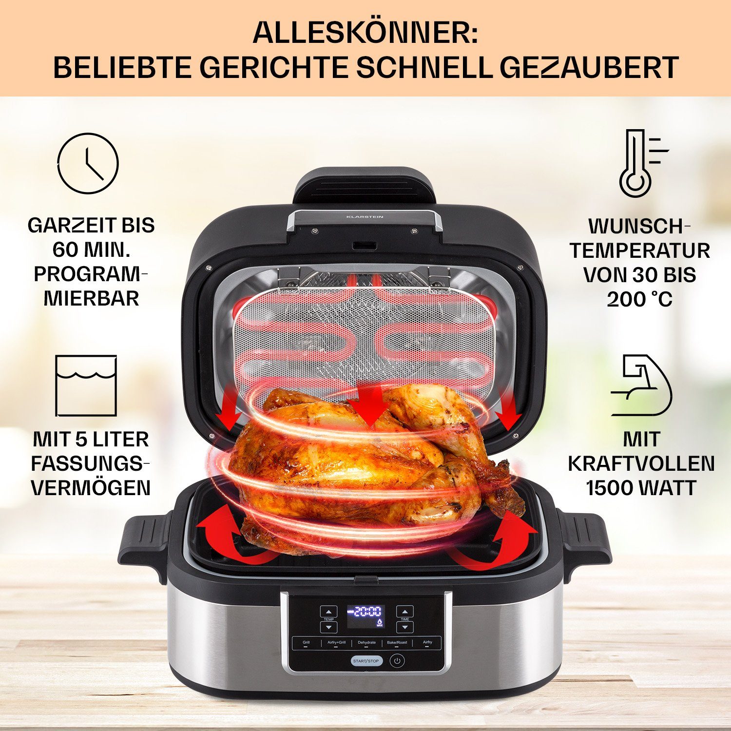Klarstein Heißluftfritteuse, 1500 W, Fritteuse Fritteusen heissluft gesundes Frittieren ohne Öl Edelstahl