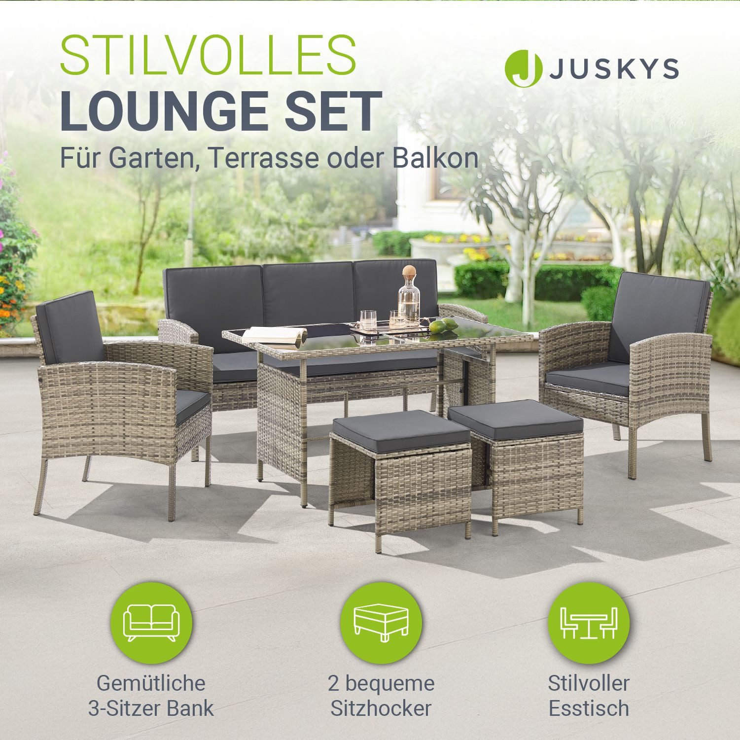 Juskys Gartenlounge-Set Turin, (6-tlg), Polyrattan Sitzgruppe für 7 Personen, Gartenmöbel Set 6-teilig