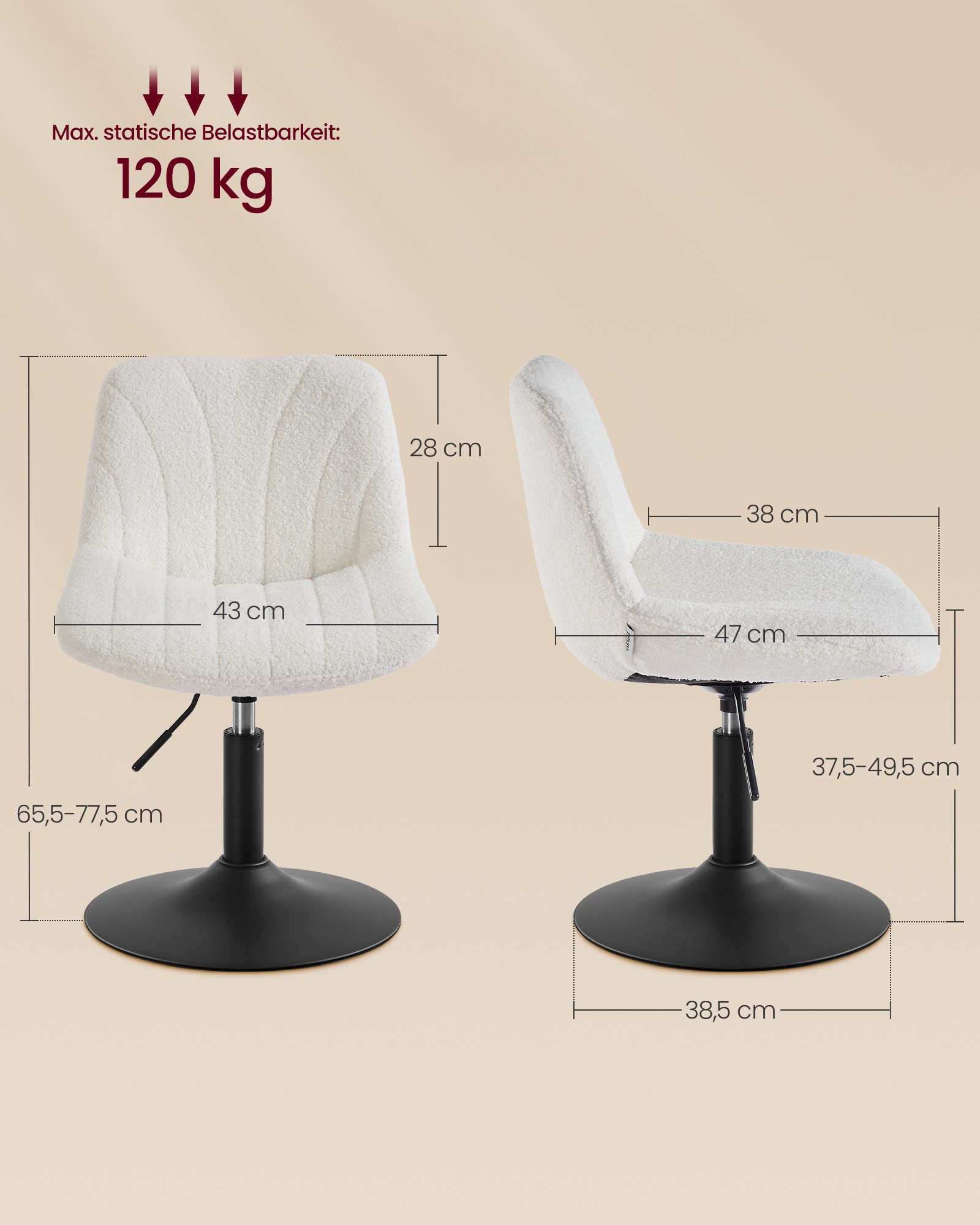 VASAGLE Barhocker Barstuhl, Küchenhocker, höhenverstellbar, um 360° drehbar (2 St., 2er Set), 46,5 x 43 x (65,5-77,5) cm (T x B x H), für Esszimmer, Küche