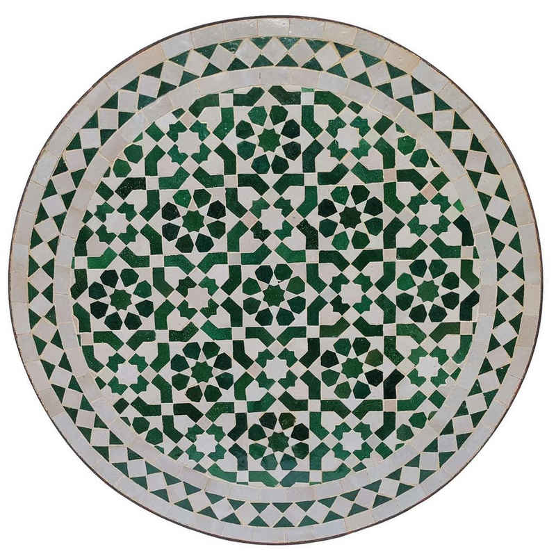 Casa Moro Gartentisch Mosaiktisch D60 cm rund Grün Weiß glasiert aus Marokko (Mosaik Beistelltisch Teetisch Bistrotisch, Boho Chic Couchtisch Sofatisch), Kunsthandwerk