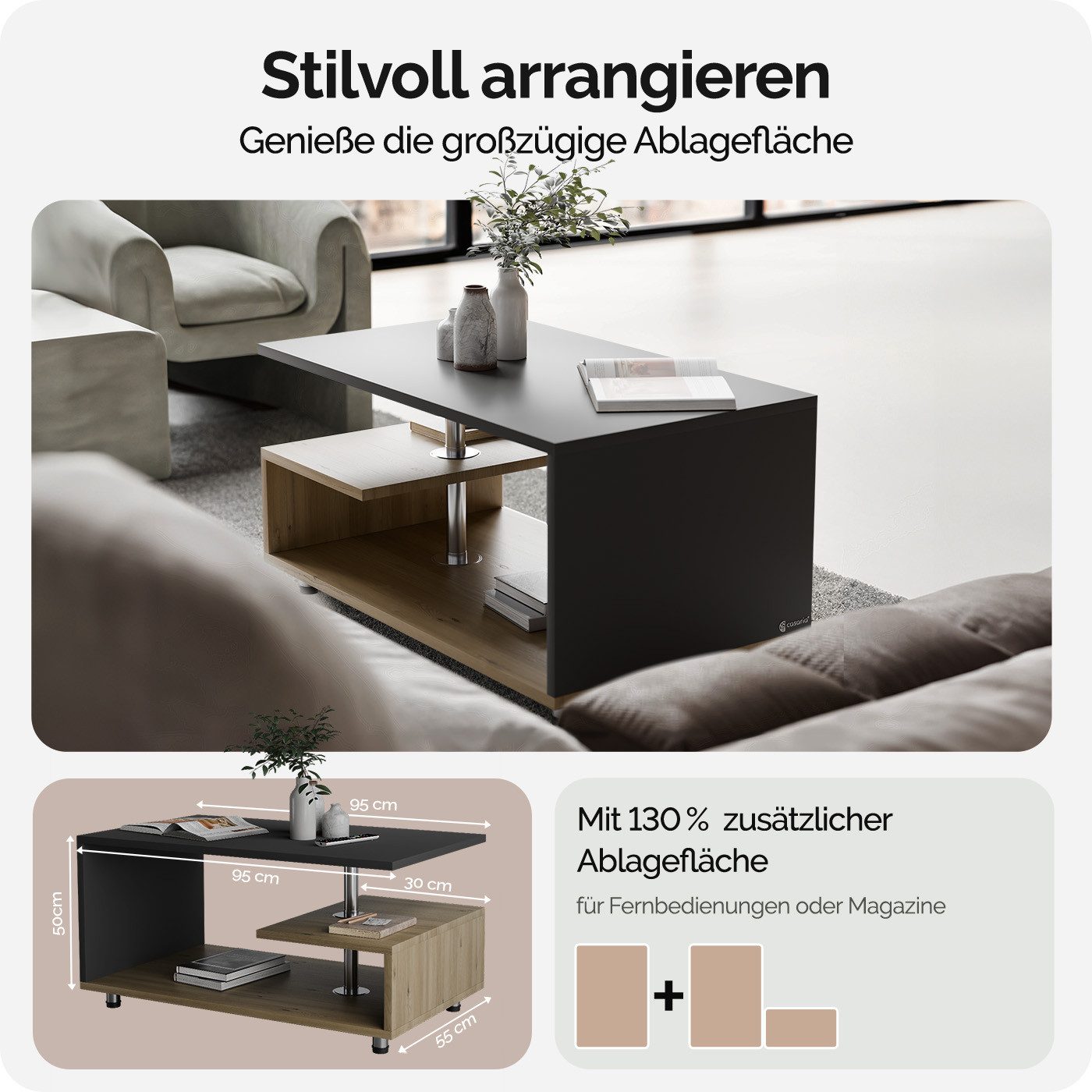 Casaria Couchtisch Orlando, Stauraum 3 Ablagen Holz Modern Höhenverstellbar 95x55x50cm Grau