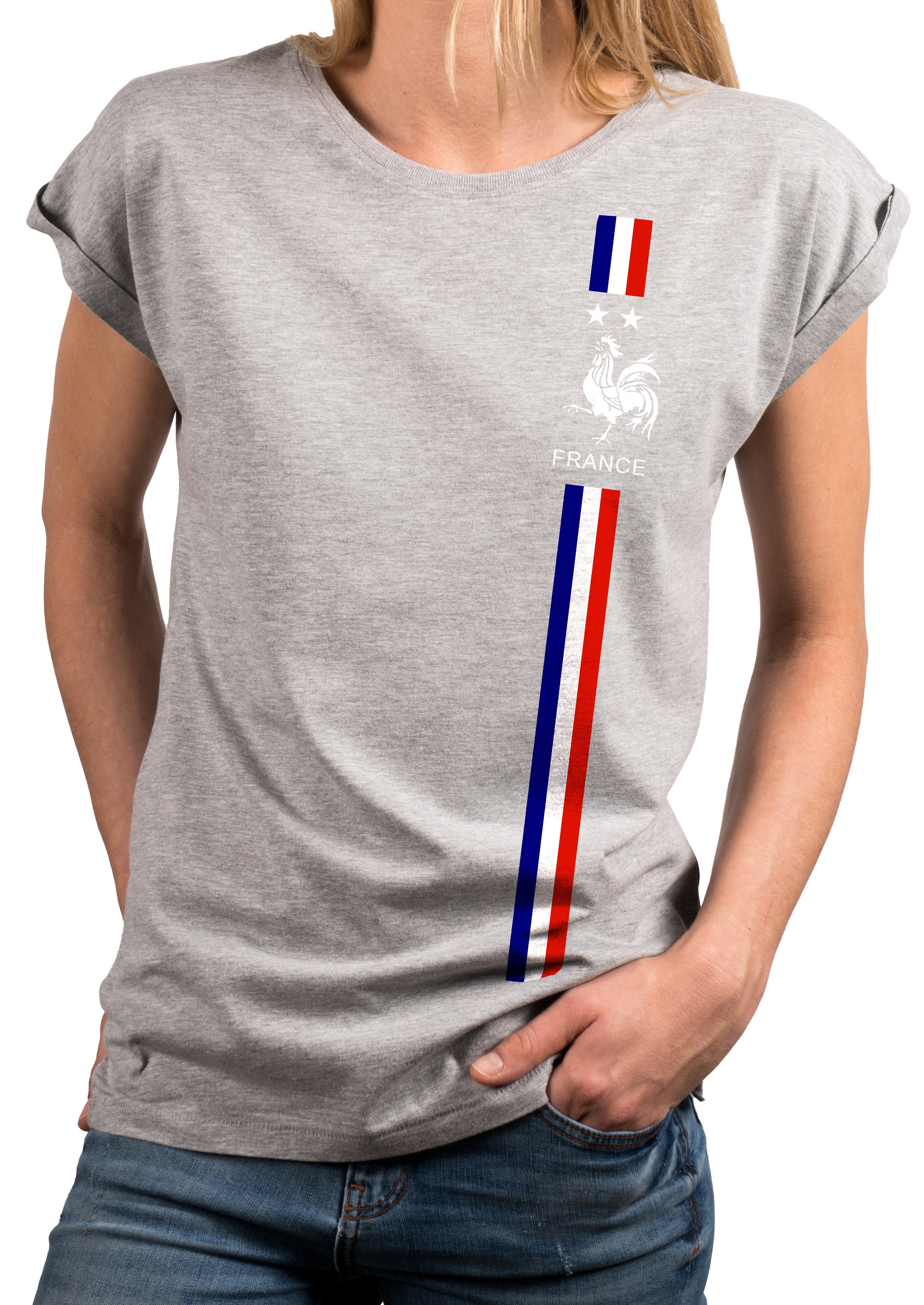 MAKAYA Print-Shirt Damen Kurzarmshirt Baumwolle Frankreich Fahne Flagge Trikot Top Tunika, große Größen Hellgrau