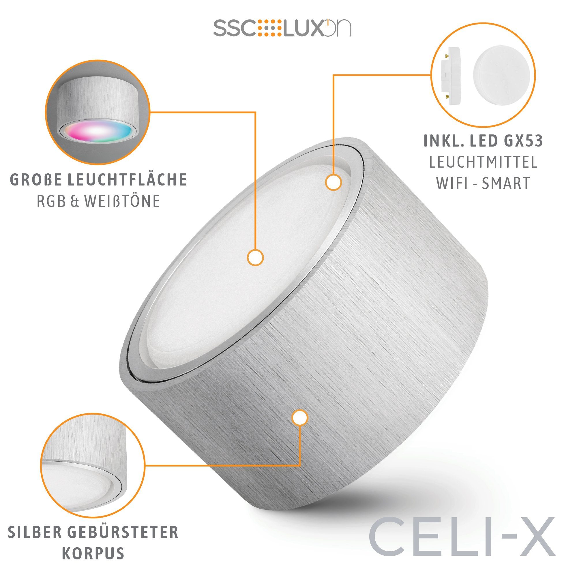 silber SSC-LUXon in Aufbauleuchte mit Aufbauleuchte CELI-X flach LED, gebuerstet Smart RGB RGB