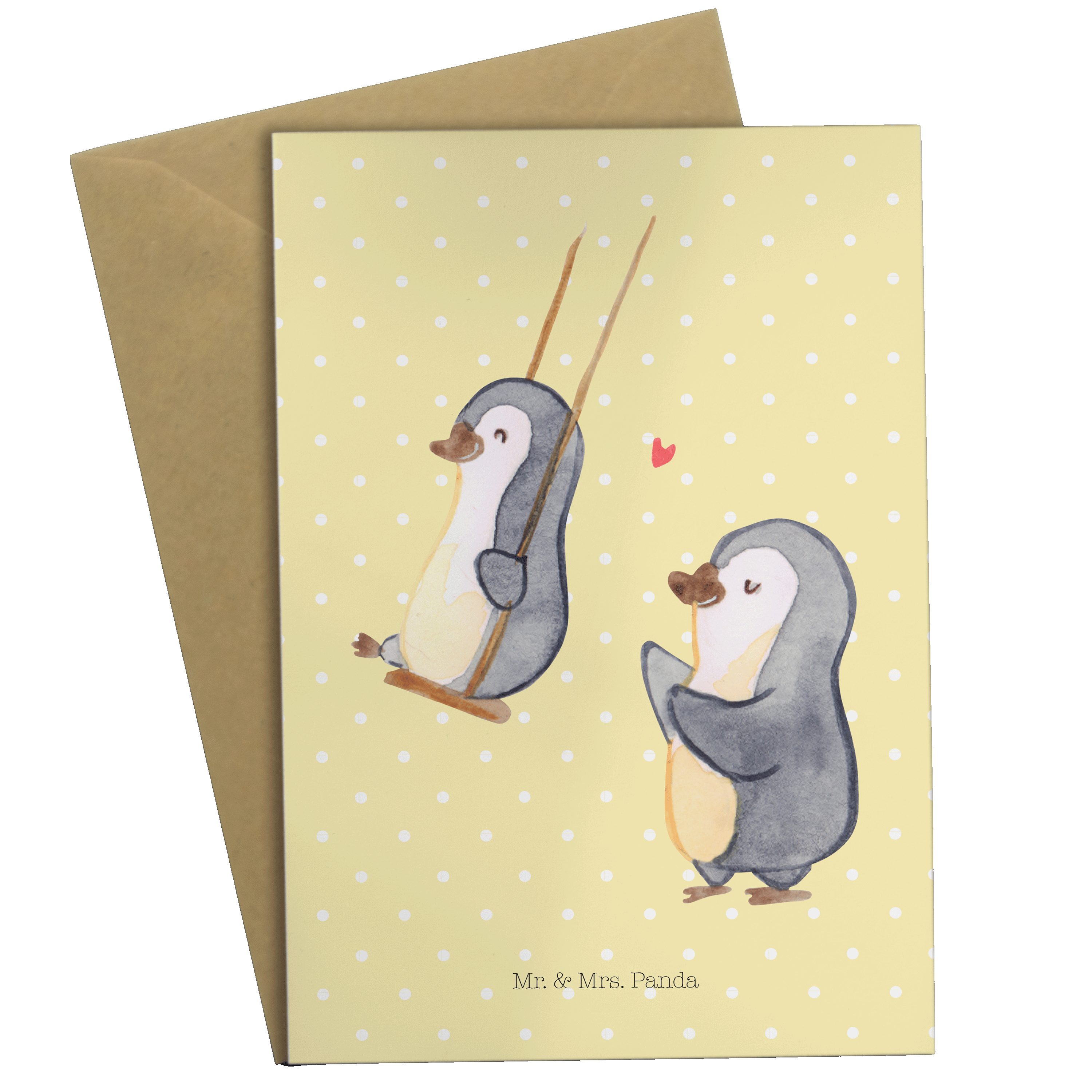 Mr. & Mrs. Panda Grußkarte Pinguin Oma schaukeln - Gelb Pastell - Geschenk, Einladungskarte, Bru | Grußkarten