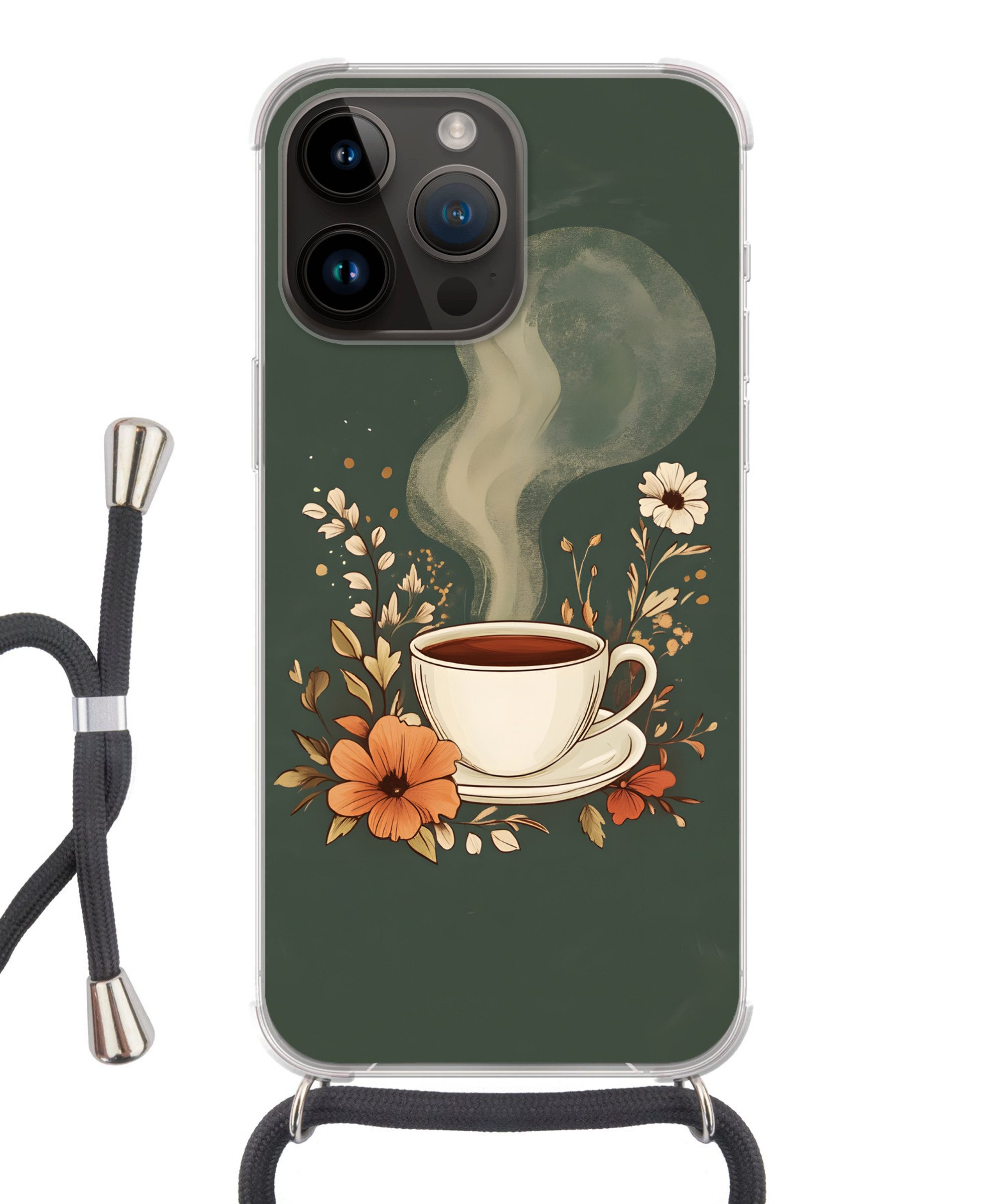 MuchoWow Handyhülle für Apple iPhone 14 Pro Tasse - Blumen - Grün - Kaffee, Tragbare Handyhüllen mit Kette zum umhängen, Handykette Handyband