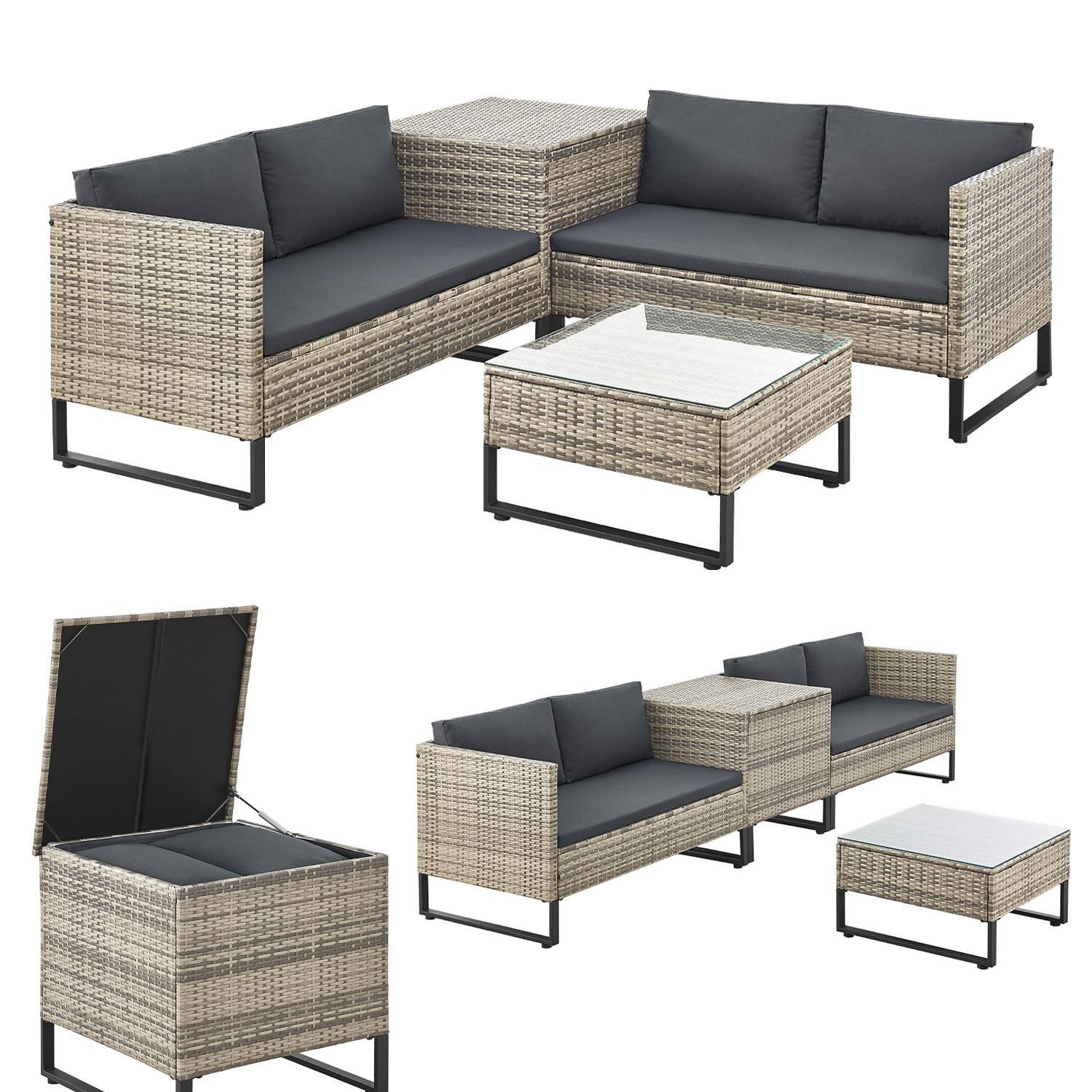 Juskys Gartenlounge-Set Santorini, (4-tlg), Polyrattan Sitzgruppe mit Beistelltisch & Auflagenbox, wetterfest