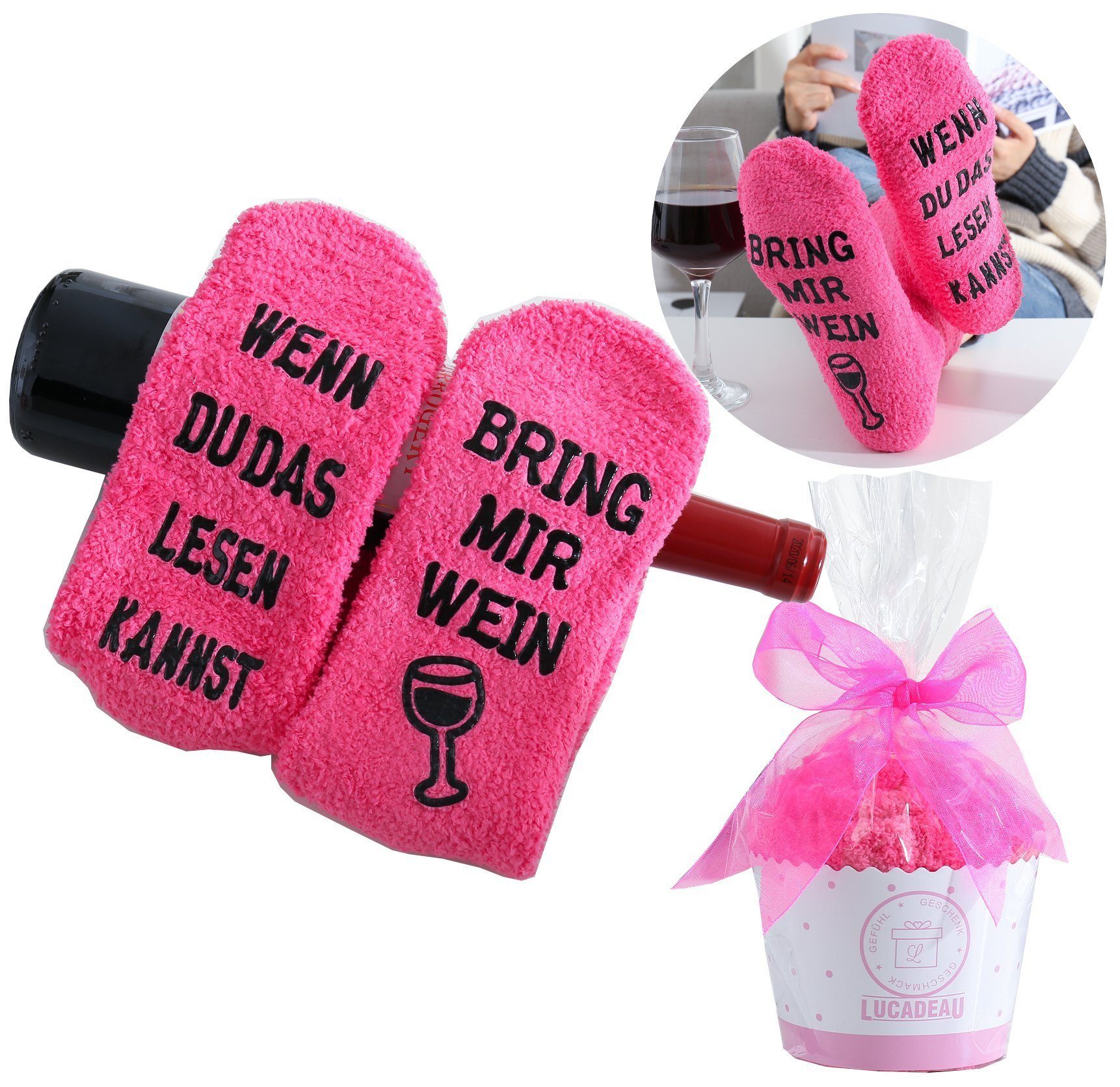Lucadeau Kuschelsocken Geschenk für Frauen mit Wein Spruch, liebevoll als Cupcake verpackt (Gr. 37-43, 1 Paar) rutschfest, flauschig, Geschenkverpackung