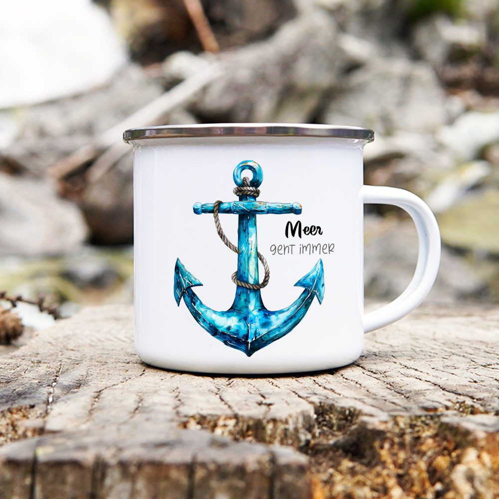 Cadouri Tasse MEER GEHT IMMER Camping Emaille Tasse, Campingtasse, Metall, Campingbecher, Kaffeetasse, Anker, maritim, Geschenk, 300 ml