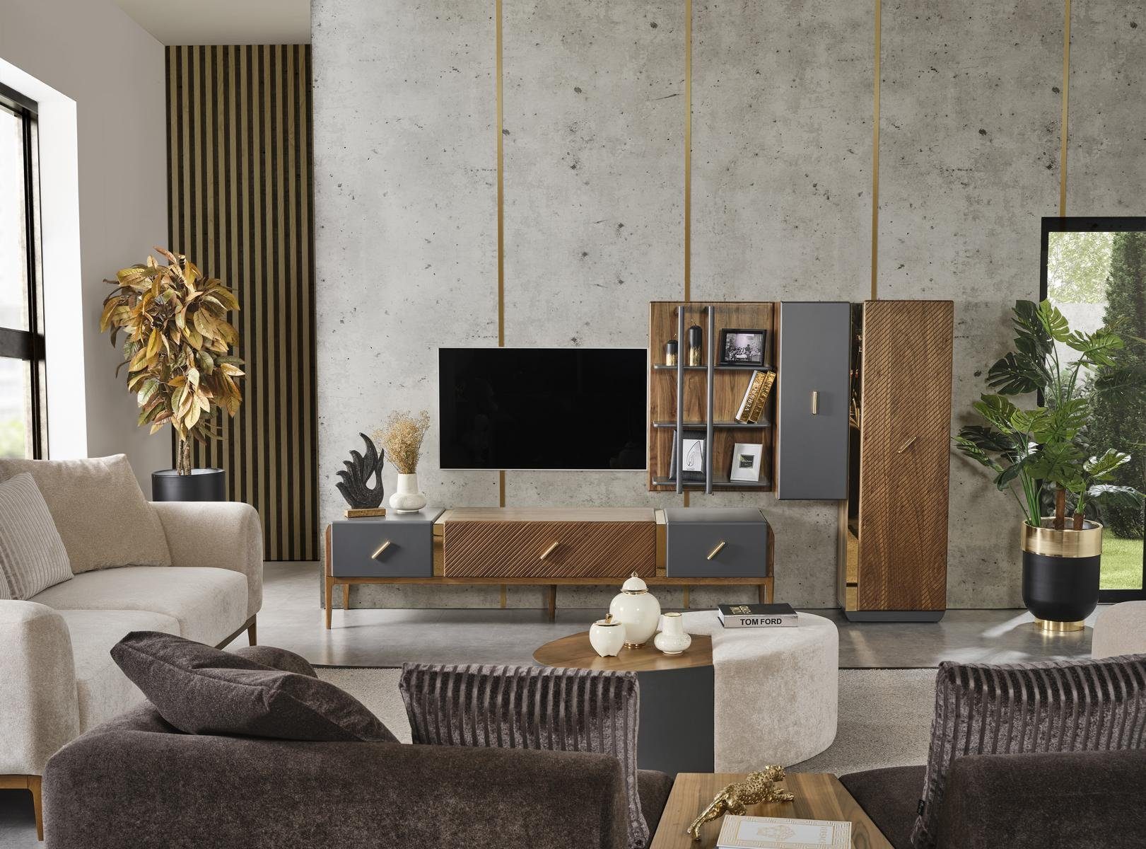 + (4-St., + Regale Holz Schrank 2x RTV Regale), JVmoebel Garnitur Wohnwand, RTV Braun Sideboard Wohnwand