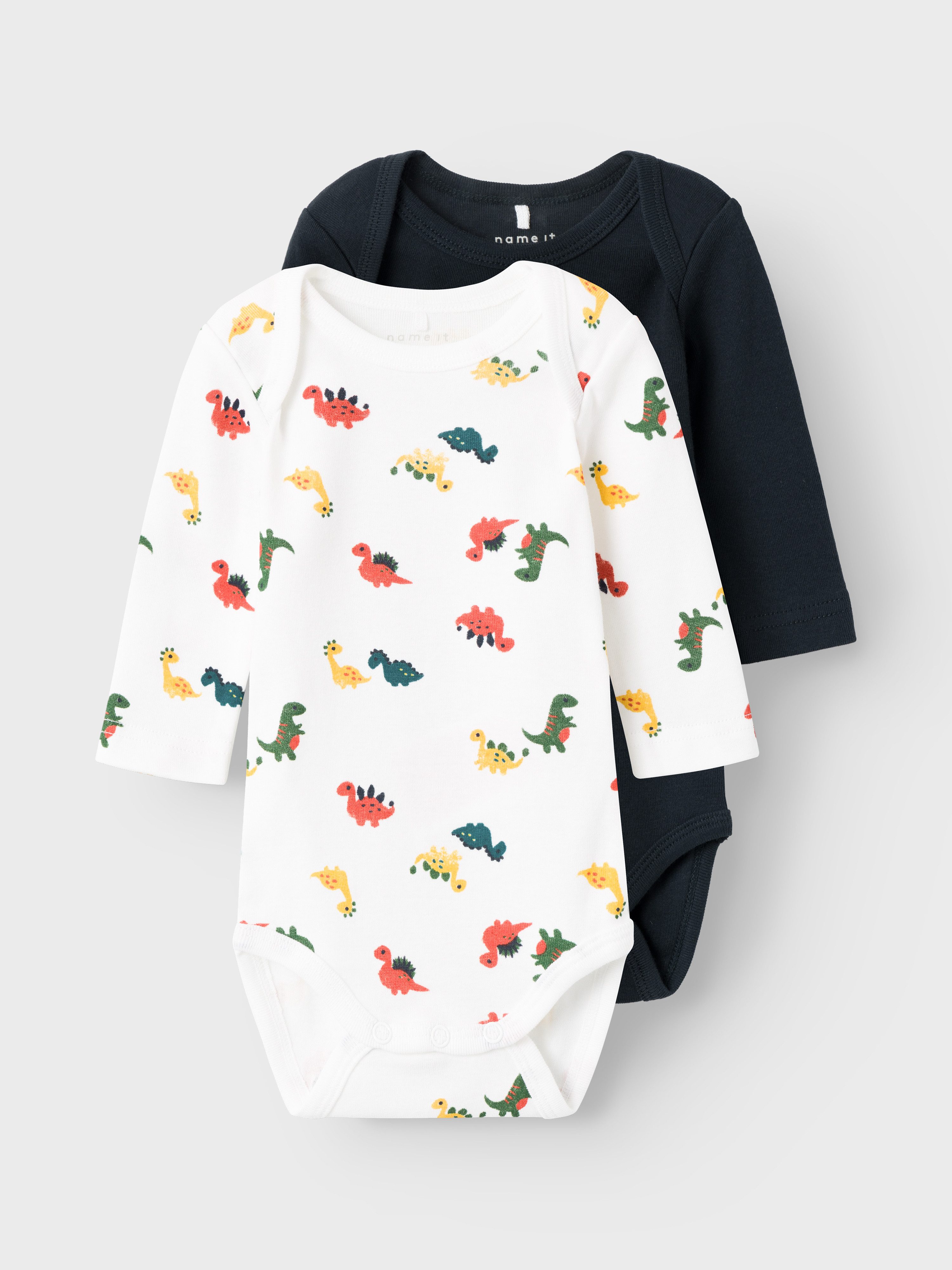 Name It Langarmbody 2er Pack Jungen Baby Bodys "Dino" (Packung, 2-tlg., 2er-Pack) mit Druckknöpfen im Schritt