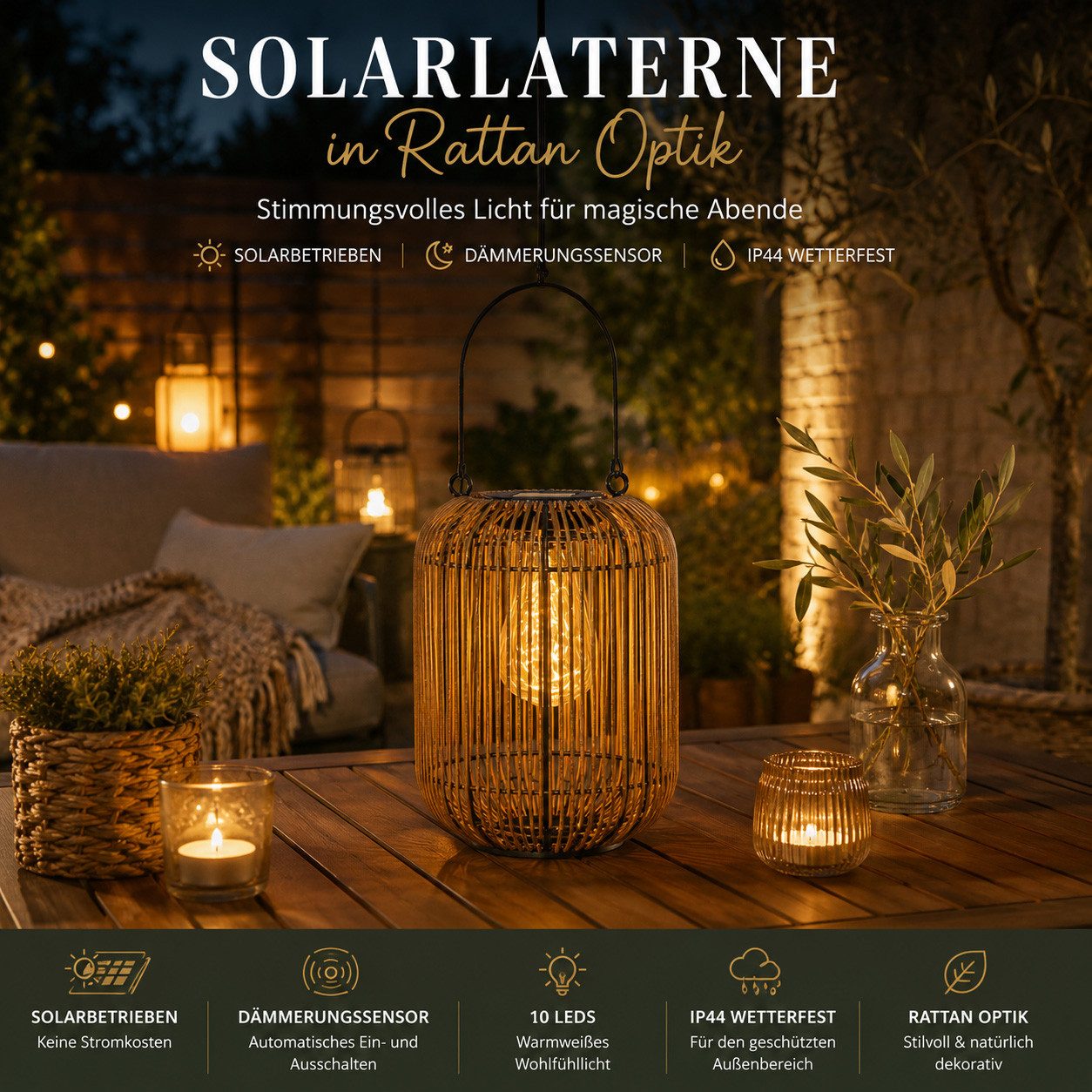 Kremers Schatzkiste LED Laterne LED Solarlaterne Rattan Optik 24cm mit Dämmerungssensor IP44, LED fest integriert