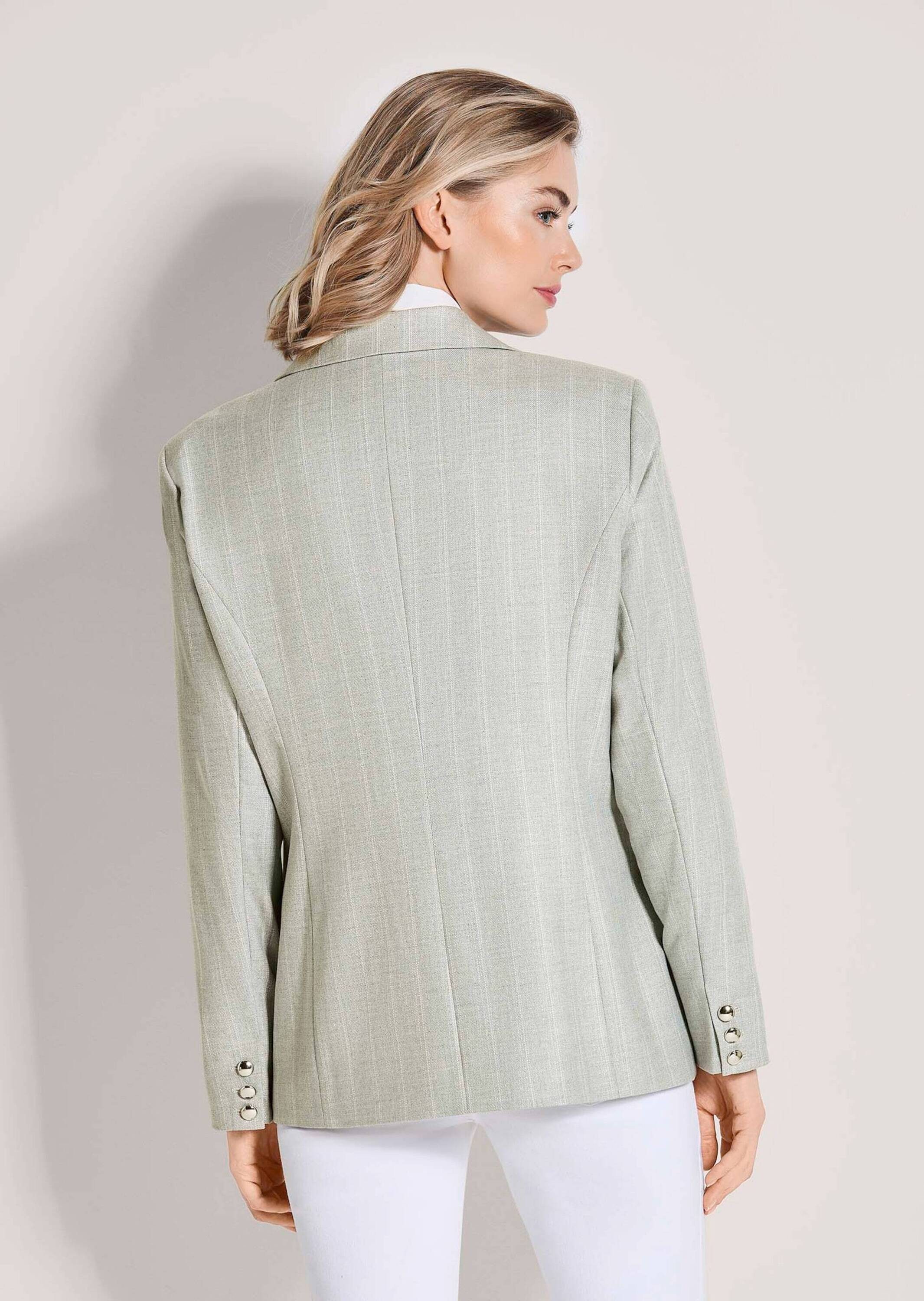 MADELEINE Kurzblazer Eleganter Einreiher mit Nadelstreifen Longblazer mit Reverskragen, Knopfverschluss, Taschen und Langarm