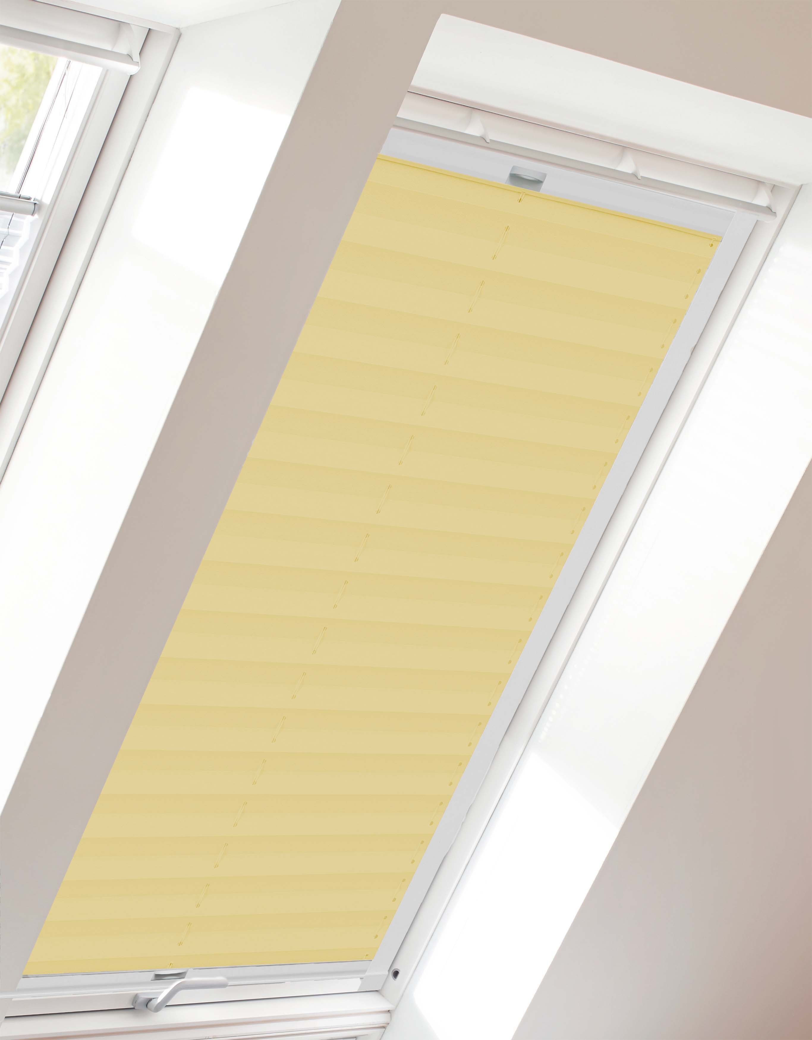 Lichtschutz, Dachfensterplissee verschraubt, mit StartUp Crepe, verspannt, Style sunlines, Führungsschienen gelb
