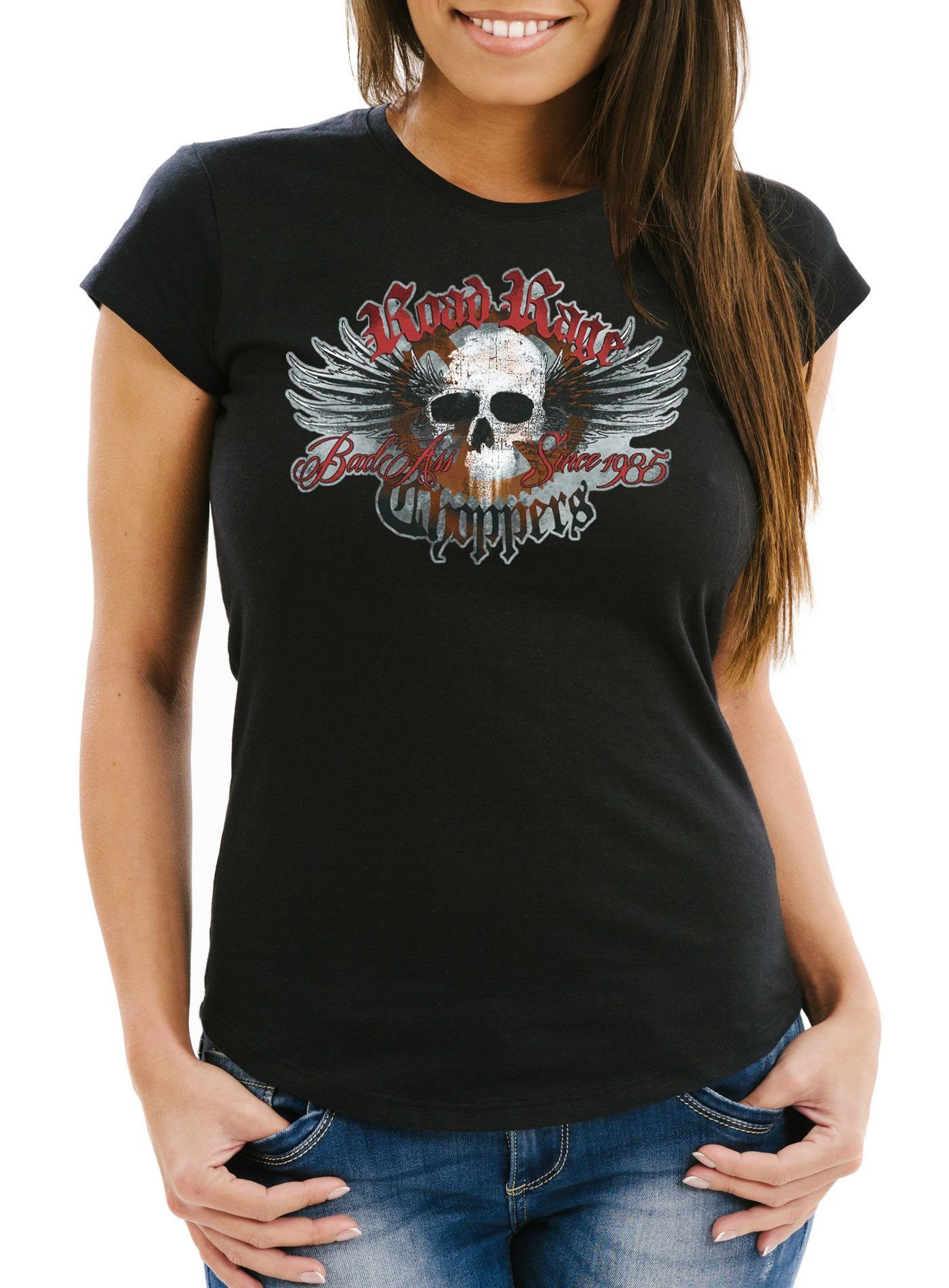 Print-Shirt Damen T-Shirt Road Rage Choppers Motorrad Biker Totenkopf Slim Fit