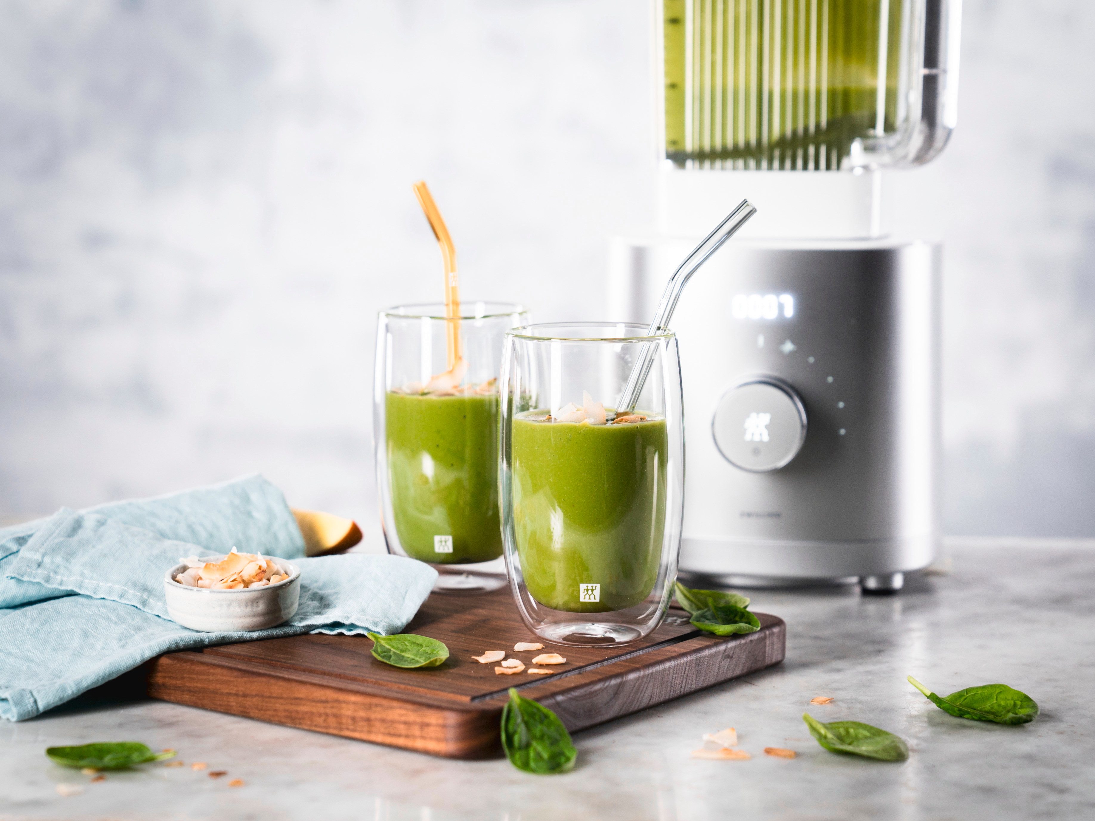 Zwilling Trinkhalme Sorrento, (Set, 5-tlg., 4 Glasstrohhalme und 1 Reinigungsbürste), Vier Glasstrohhalme, Borosilikatglas, gemischte Farben, gebogen