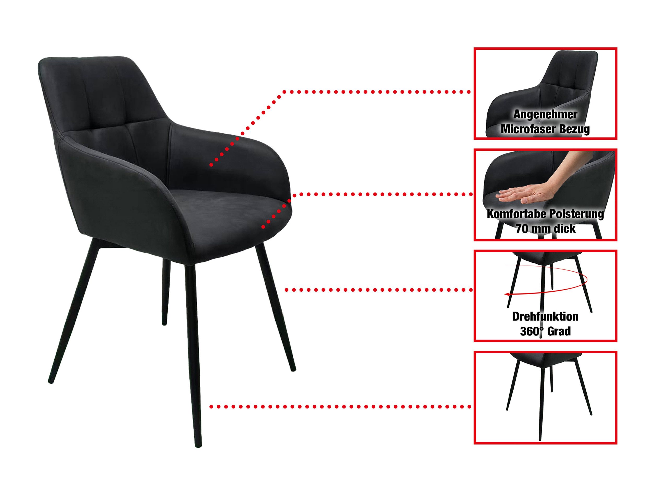 Massivart® Polsterstuhl 360 Grad drehbar / 70 mm Sitzpolsterung / »AIDEN«, Gestell schwarz Metall • Steppungen • ca. 120 kg belastbar