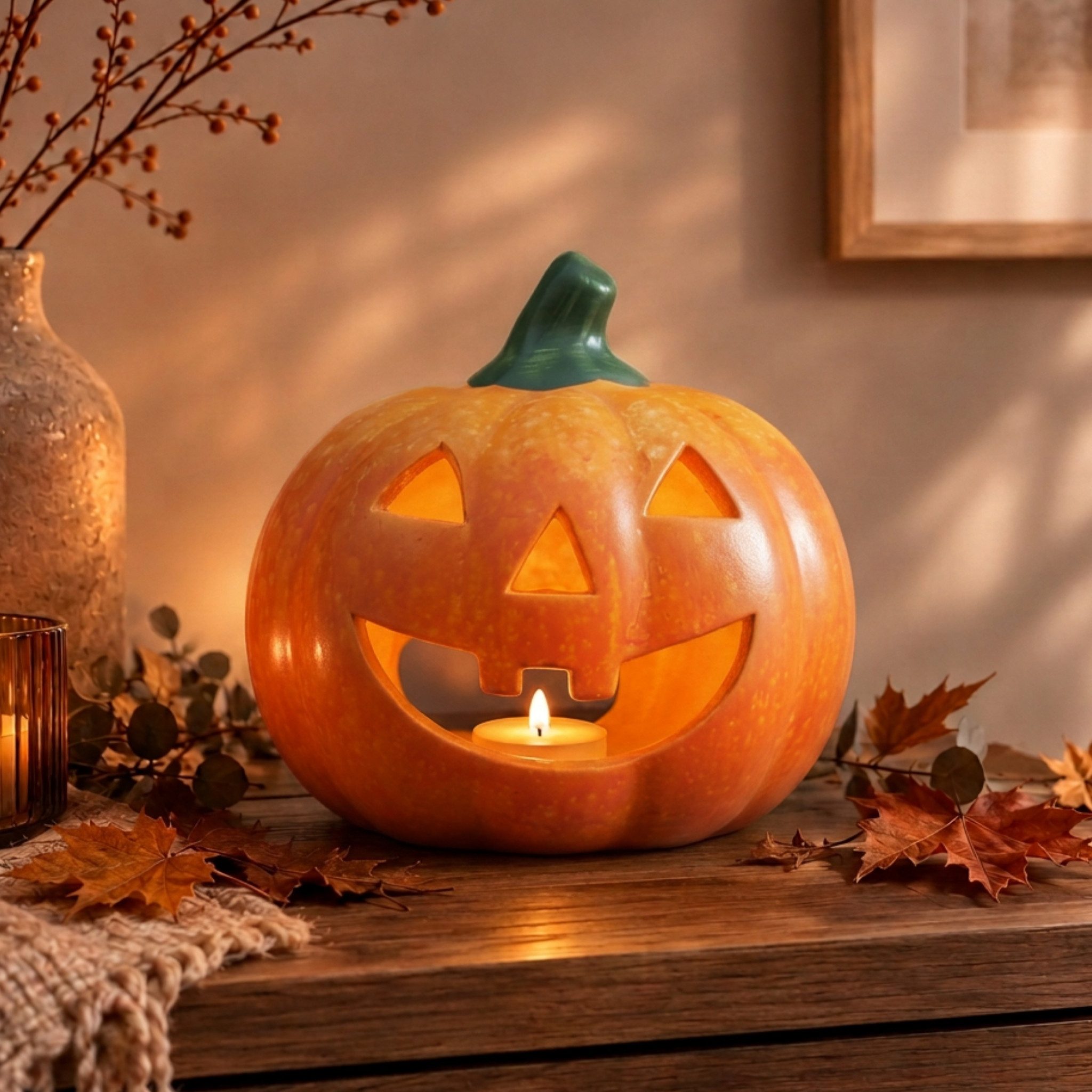 matches21 HOME & HOBBY Dekofigur Kürbis-Laterne als LED Halloween-Deko Windlicht in 13x14 cm, Gruseliger Jack-O-Lantern Deko-Kürbis als innen außen Herbst-Deko