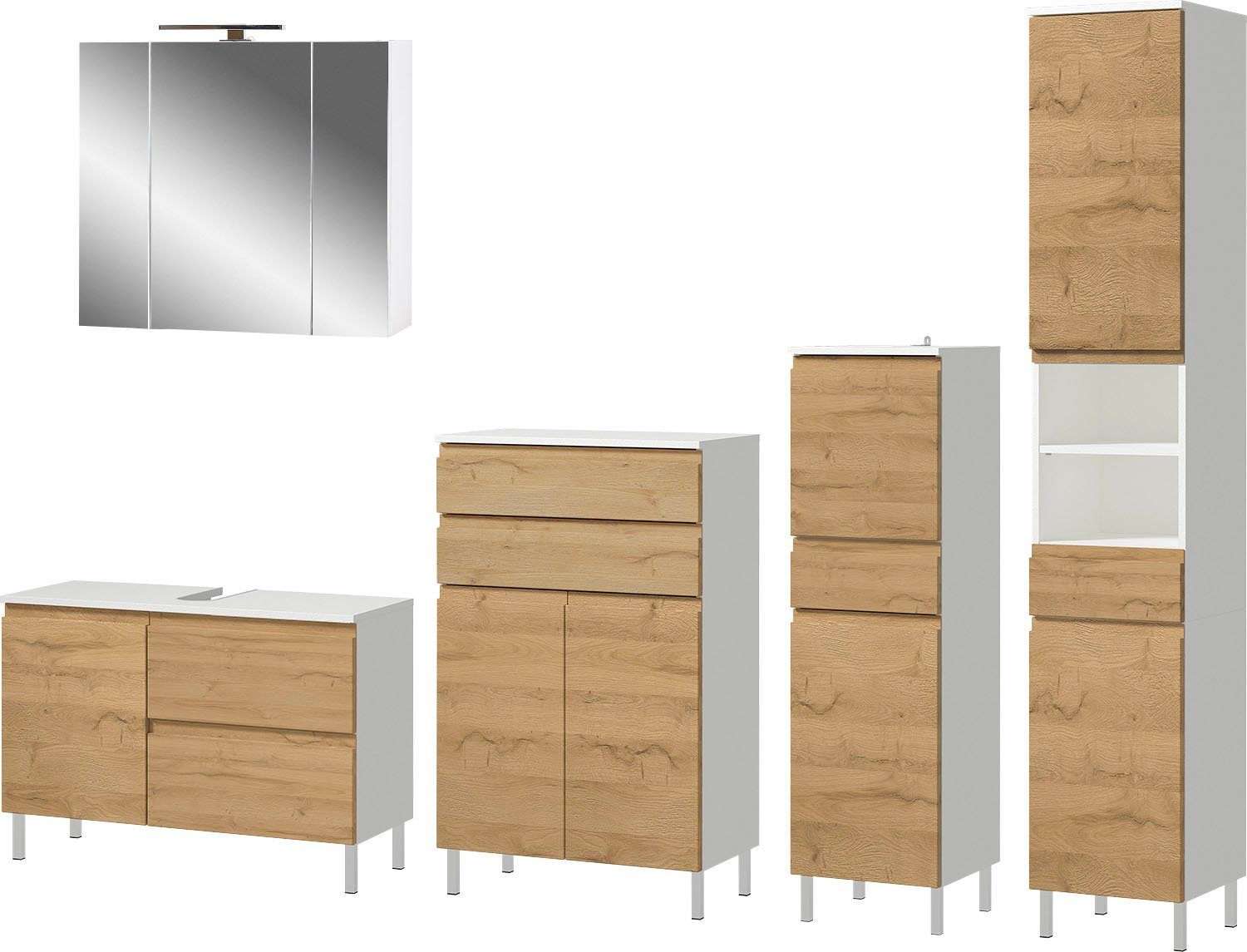 GERMANIA Badmöbel-Set Torrance, (5-St), Unterschrank, Spiegelschrank mit Beleuchtung, Kommode, Hochschrank