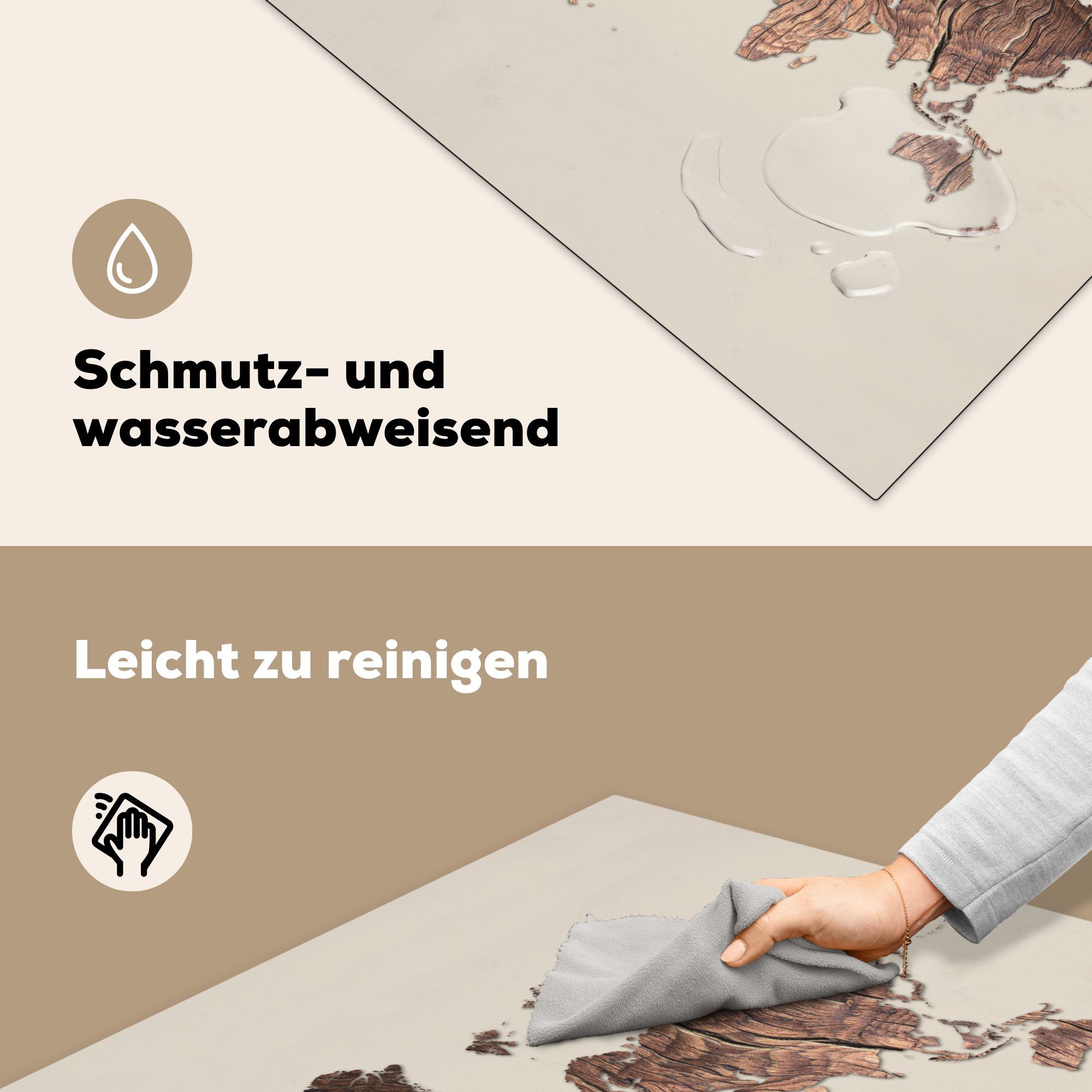 küche tlg), Beige, Holz Arbeitsplatte Vinyl, Weltkarte cm, (1 Herdblende-/Abdeckplatte MuchoWow - Ceranfeldabdeckung, - für 78x78