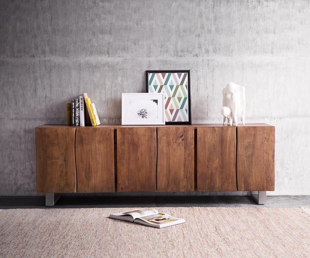 DELIFE Sideboard Live-Edge, Akazie Braun 220 cm 6 Türen Massivholz Baumkante Sideboard