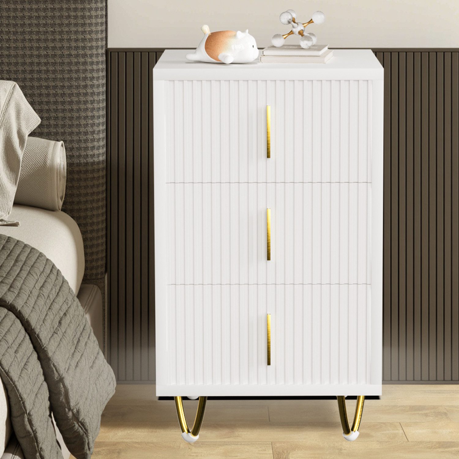 oyajia Nachttisch Nachtschrank mit 3 Schubladen, Beistelltisch, Nachtkommode (Metallfüße, Weiß, 40 x 49 x 40 cm / 40 x 66 x 40 cm), für Kinderzimmer/Schlafzimmer/Wohnzimmer