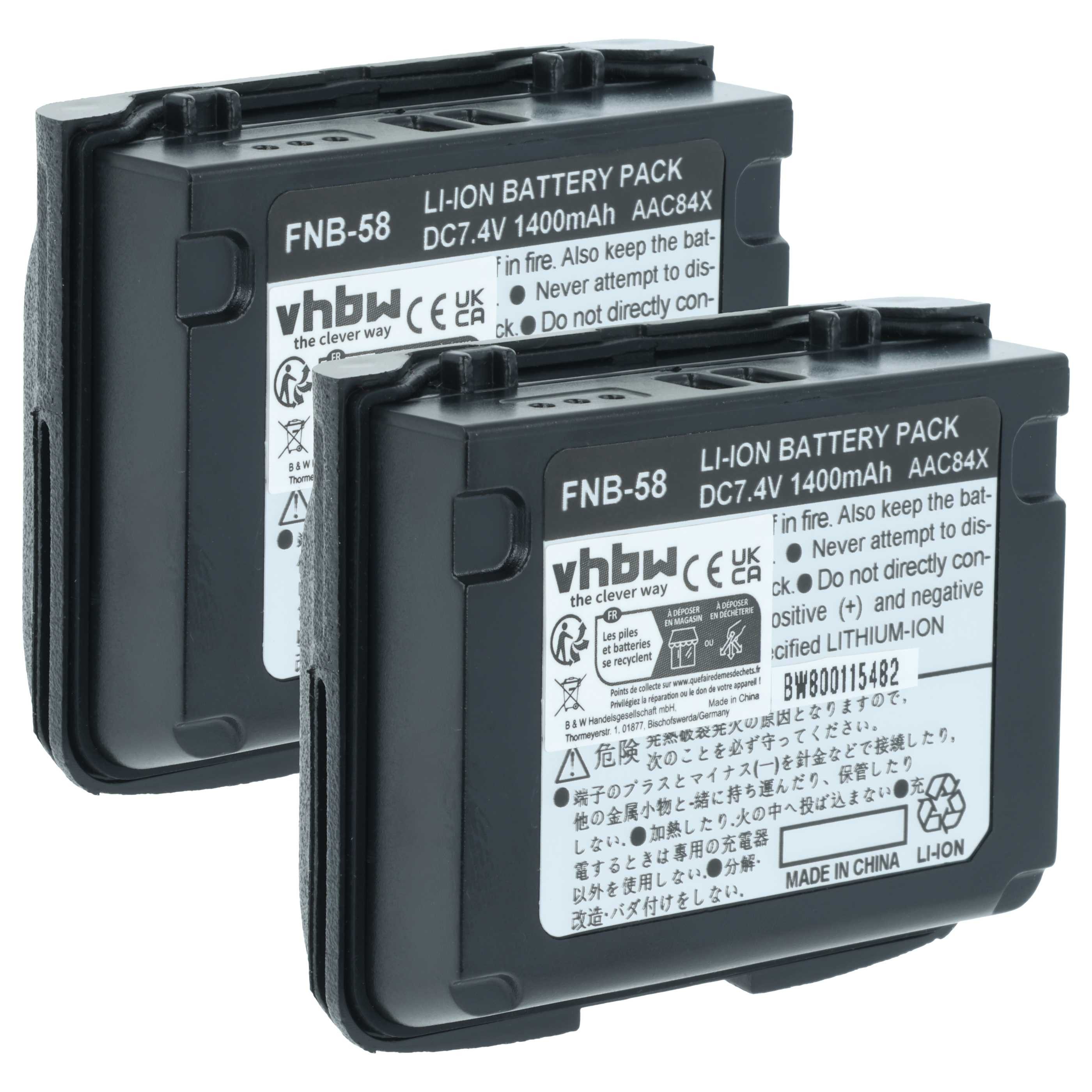vhbw Akku Ersatz für Yaesu Vertex FNB-58, FNB-80Li, FNB-58Li, FNB-80 für Akku Akku Li-Ion 1400 mAh (7,4 V, 2 St), Leistungsfähige Austausch-Akkus für Ihr Funkgerät, Walkie-Talkie